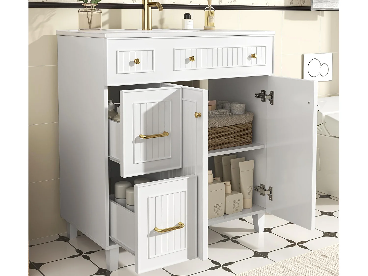 Meuble de salle de bain avec une vasque en céramique - avec 2 portes et 2 tiroirs - blanc (robinet non inclus)