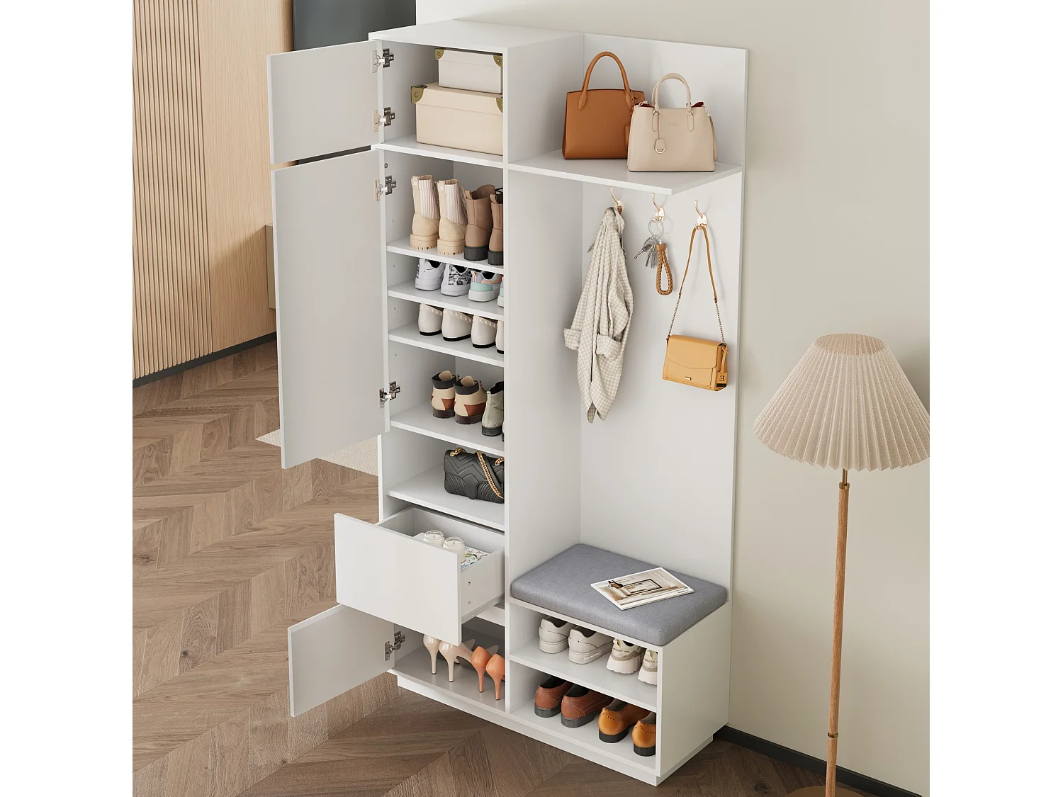 Garderobeset voor de entree 90x34.5x190cm - Schoenenkast en een bank - Spiegel en haken - 2 deuren en 1 lade - Wit