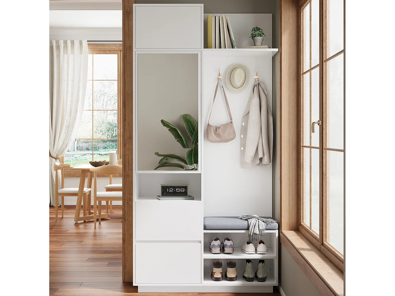 Set ingresso con appendiabiti 90x34.5x190cm - Mobile porta scarpe e una panca - Specchio e ganci - 2 ante e 1 cassetto - Bianco