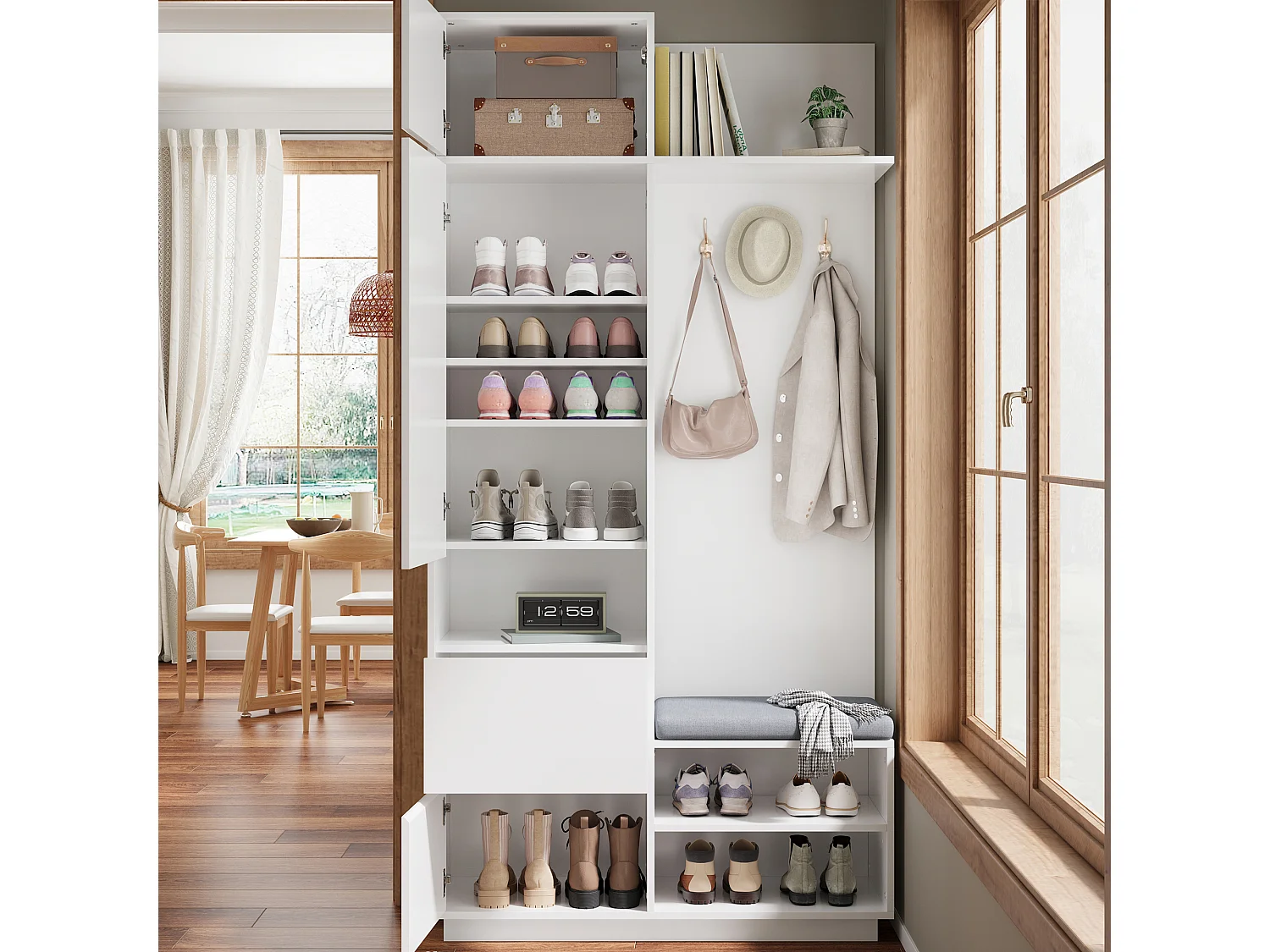 Set ingresso con appendiabiti 90x34.5x190cm - Mobile porta scarpe e una panca - Specchio e ganci - 2 ante e 1 cassetto - Bianco
