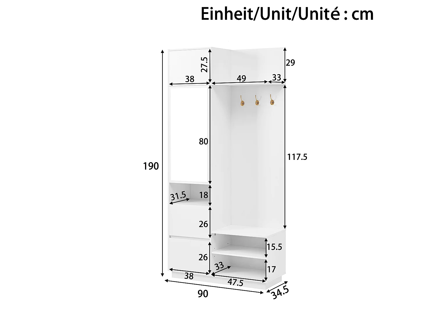 Set ingresso con appendiabiti 90x34.5x190cm - Mobile porta scarpe e una panca - Specchio e ganci - 2 ante e 1 cassetto - Bianco