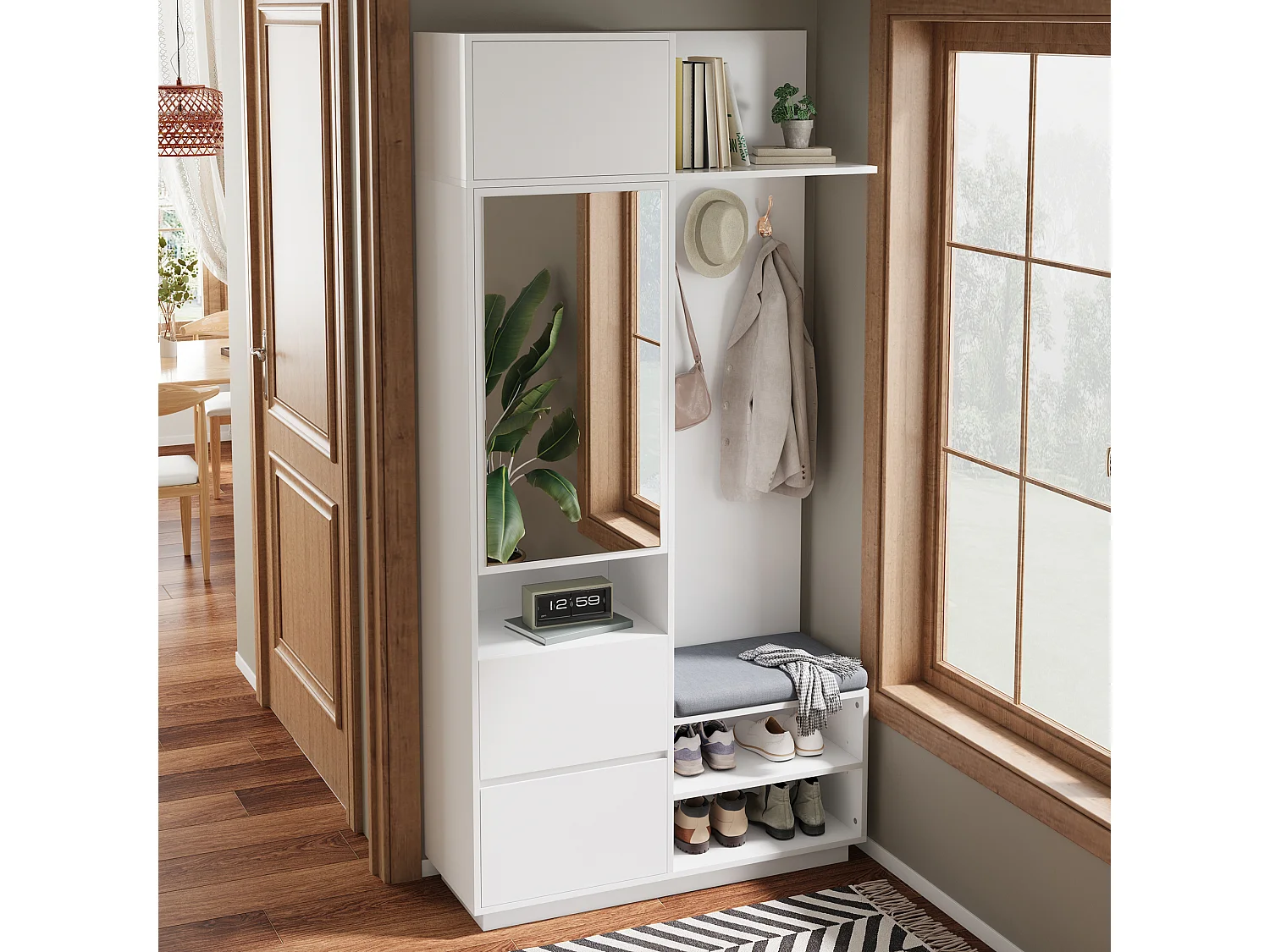 Set ingresso con appendiabiti 90x34.5x190cm - Mobile porta scarpe e una panca - Specchio e ganci - 2 ante e 1 cassetto - Bianco