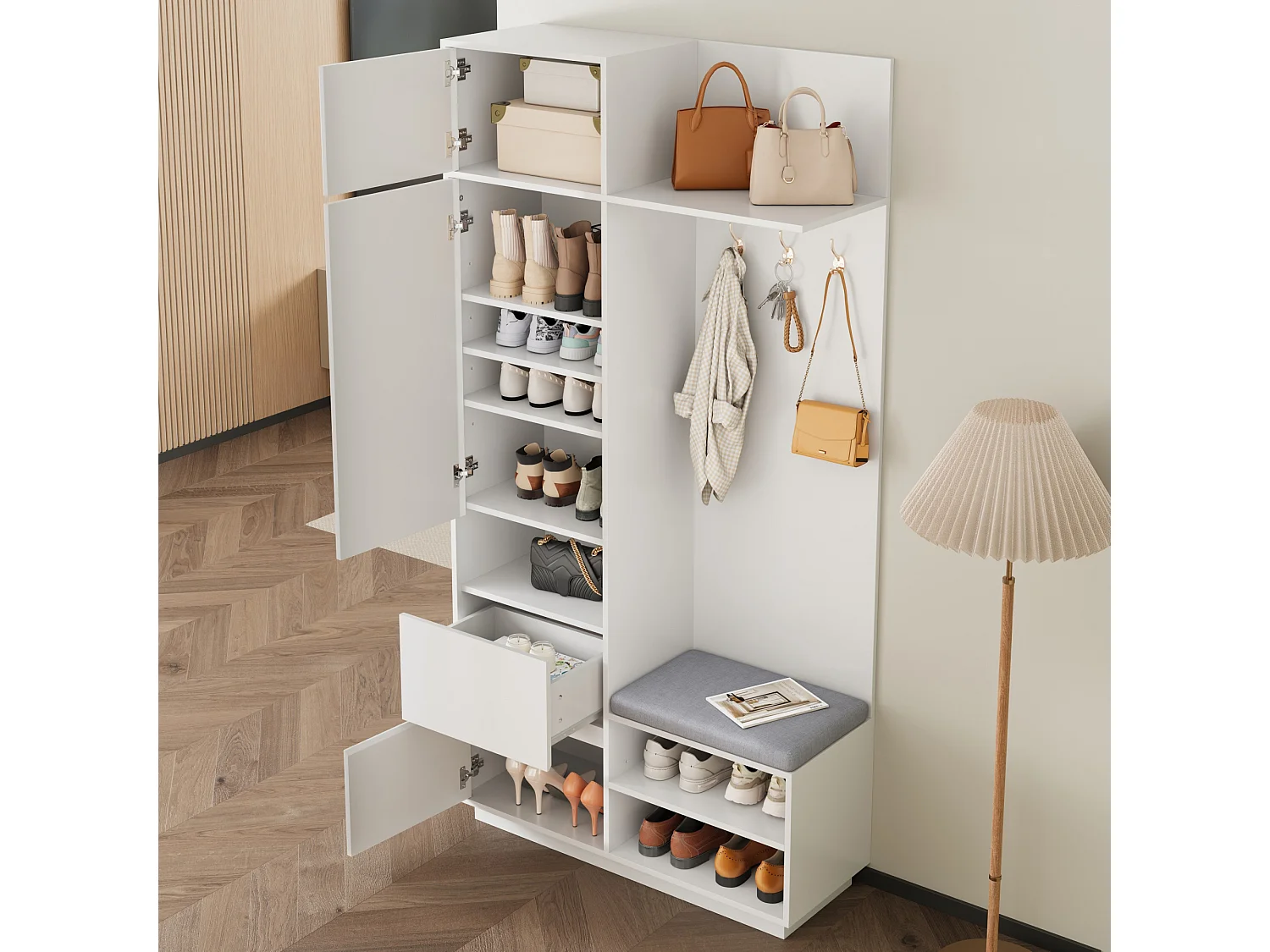 Set ingresso con appendiabiti 90x34.5x190cm - Mobile porta scarpe e una panca - Specchio e ganci - 2 ante e 1 cassetto - Bianco