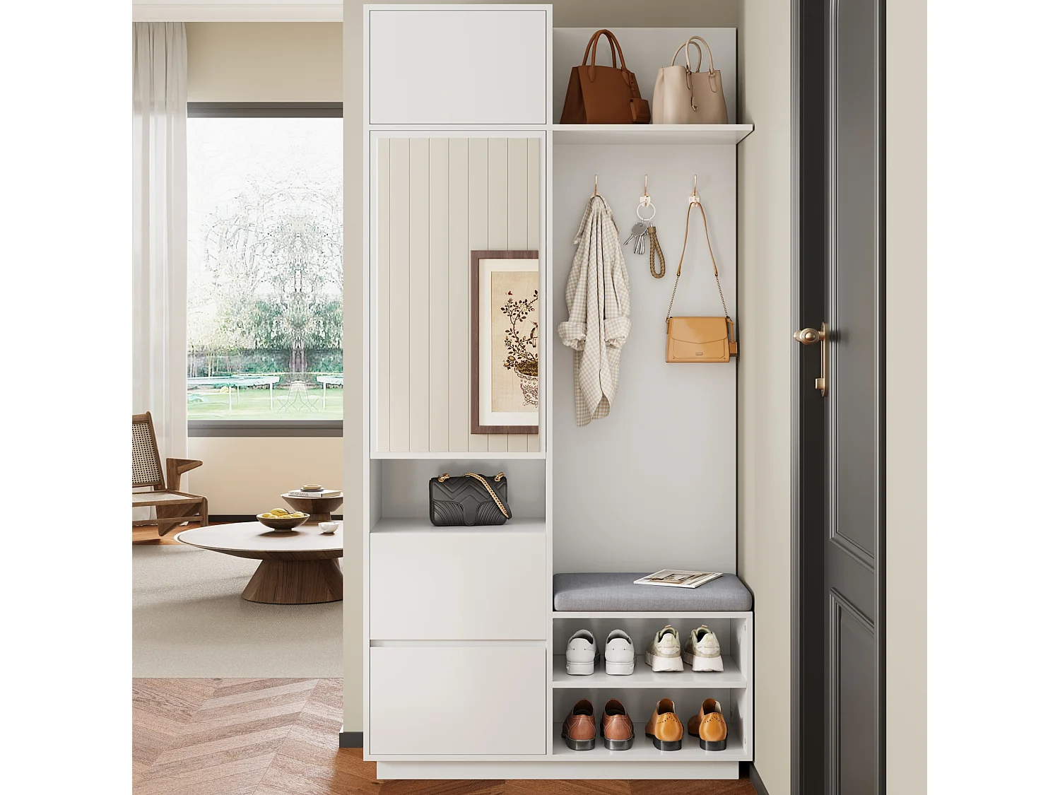 Set ingresso con appendiabiti 90x34.5x190cm - Mobile porta scarpe e una panca - Specchio e ganci - 2 ante e 1 cassetto - Bianco