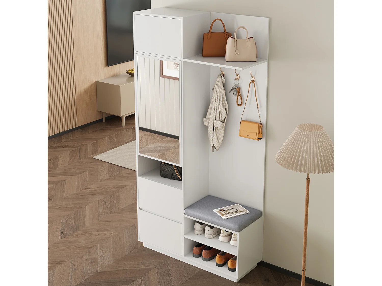 Set ingresso con appendiabiti 90x34.5x190cm - Mobile porta scarpe e una panca - Specchio e ganci - 2 ante e 1 cassetto - Bianco