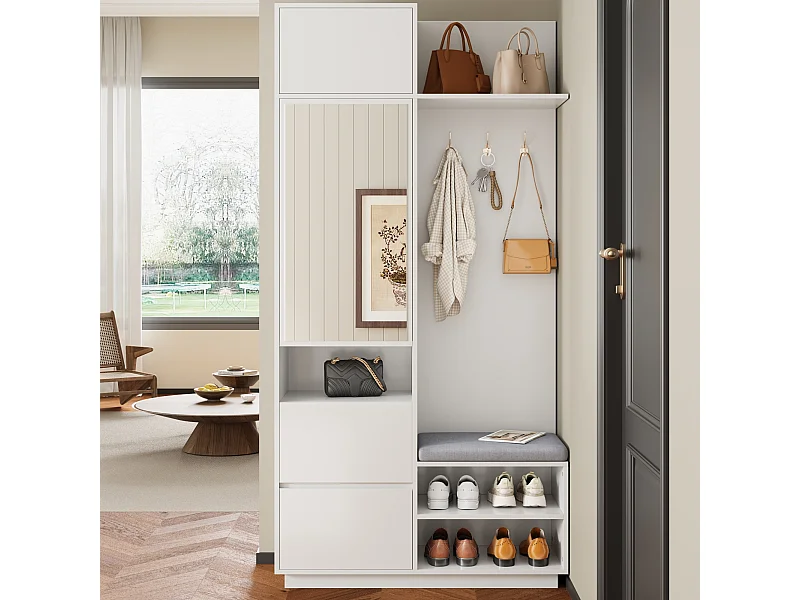 Garderobeset voor de entree 90x34.5x190cm - Schoenenkast en een bank - Spiegel en haken - 2 deuren en 1 lade - Wit