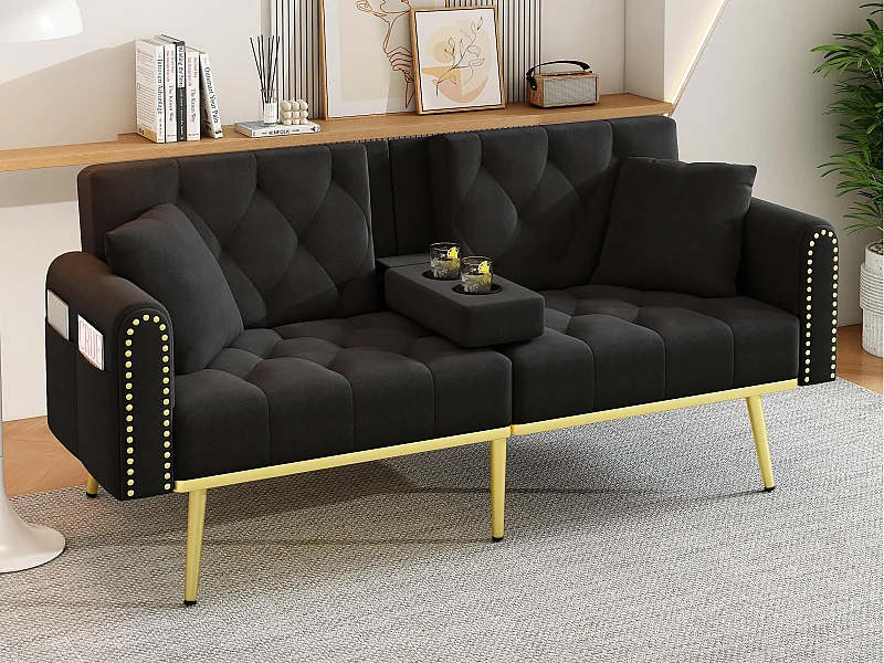 Kanapa 2-osobowa - z funkcją relaks - trzy regulowane pozycje odchylenia - uchwyt na kubek w zestawie - czarny