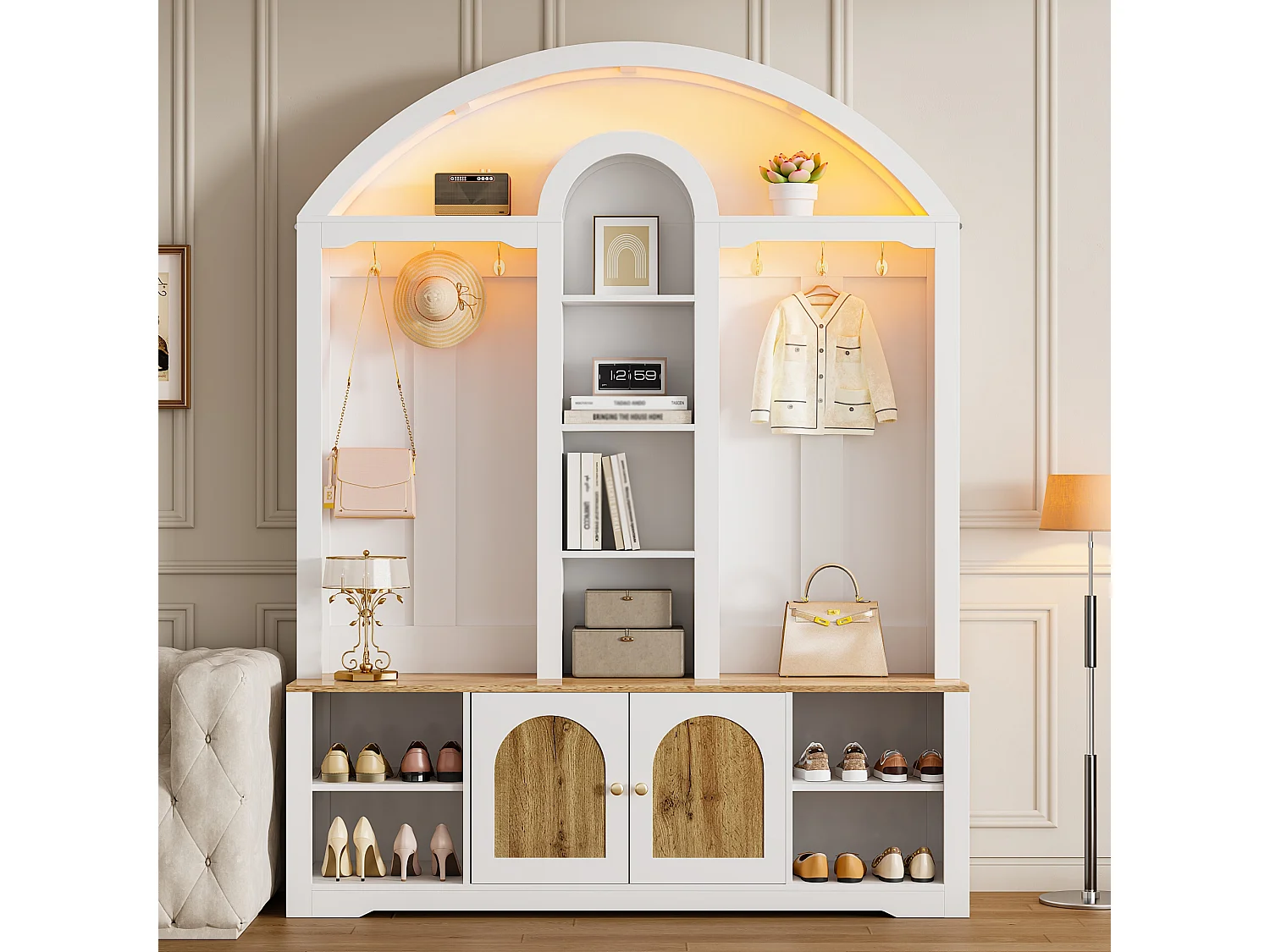 Garderobenset für den Eingangsbereich 150x40x195 cm - Schuhschrank - mit LED-Beleuchtung - Offenes Ablagefach - mit Haken - 2 Türen - MDF - Weiß