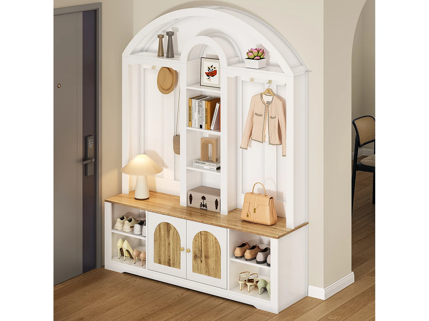 Garderobenset für den Eingangsbereich 150x40x195 cm - Schuhschrank - mit LED-Beleuchtung - Offenes Ablagefach - mit Haken - 2 Türen - MDF - Weiß