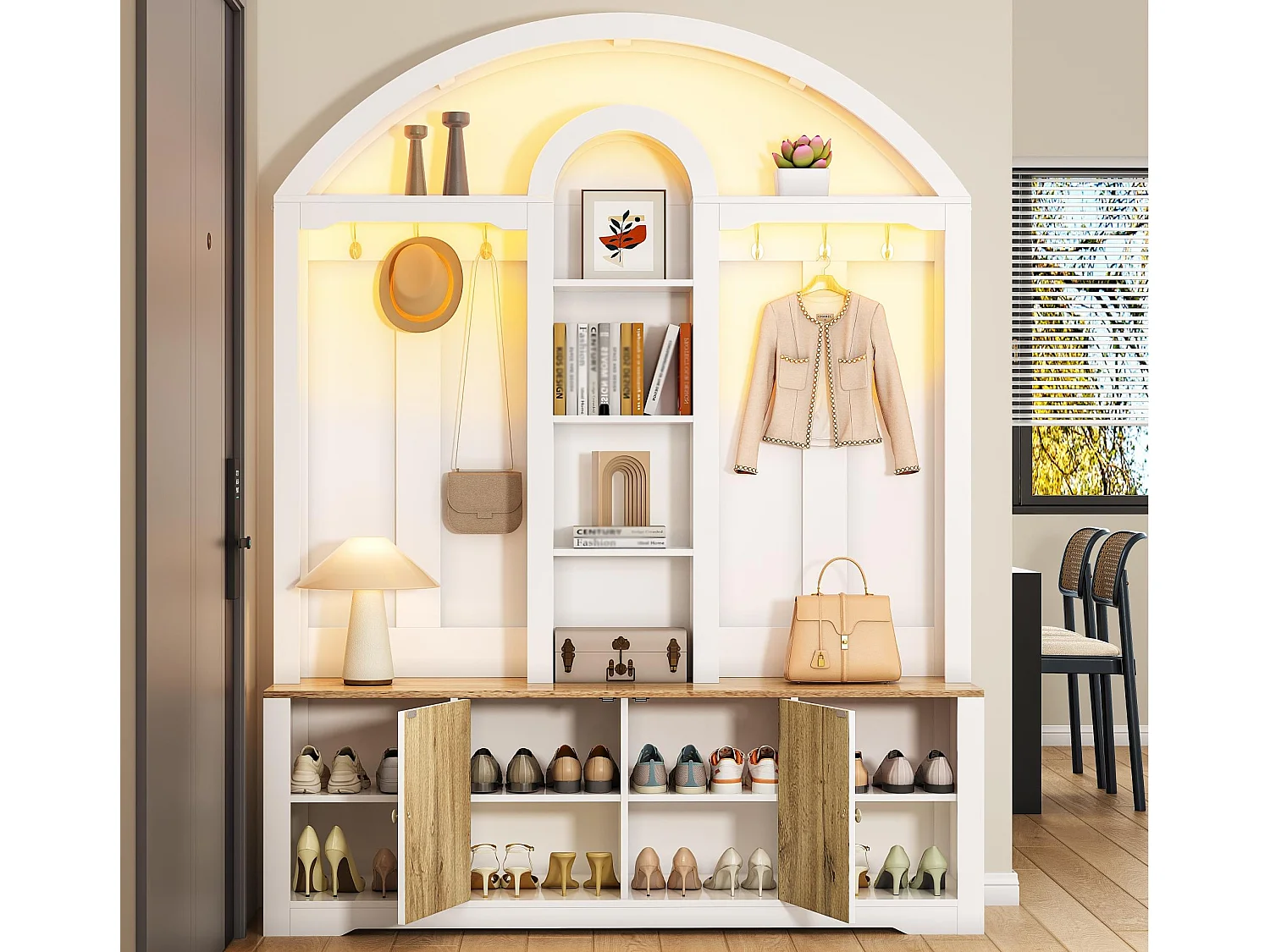 Garderobenset für den Eingangsbereich 150x40x195 cm - Schuhschrank - mit LED-Beleuchtung - Offenes Ablagefach - mit Haken - 2 Türen - MDF - Weiß