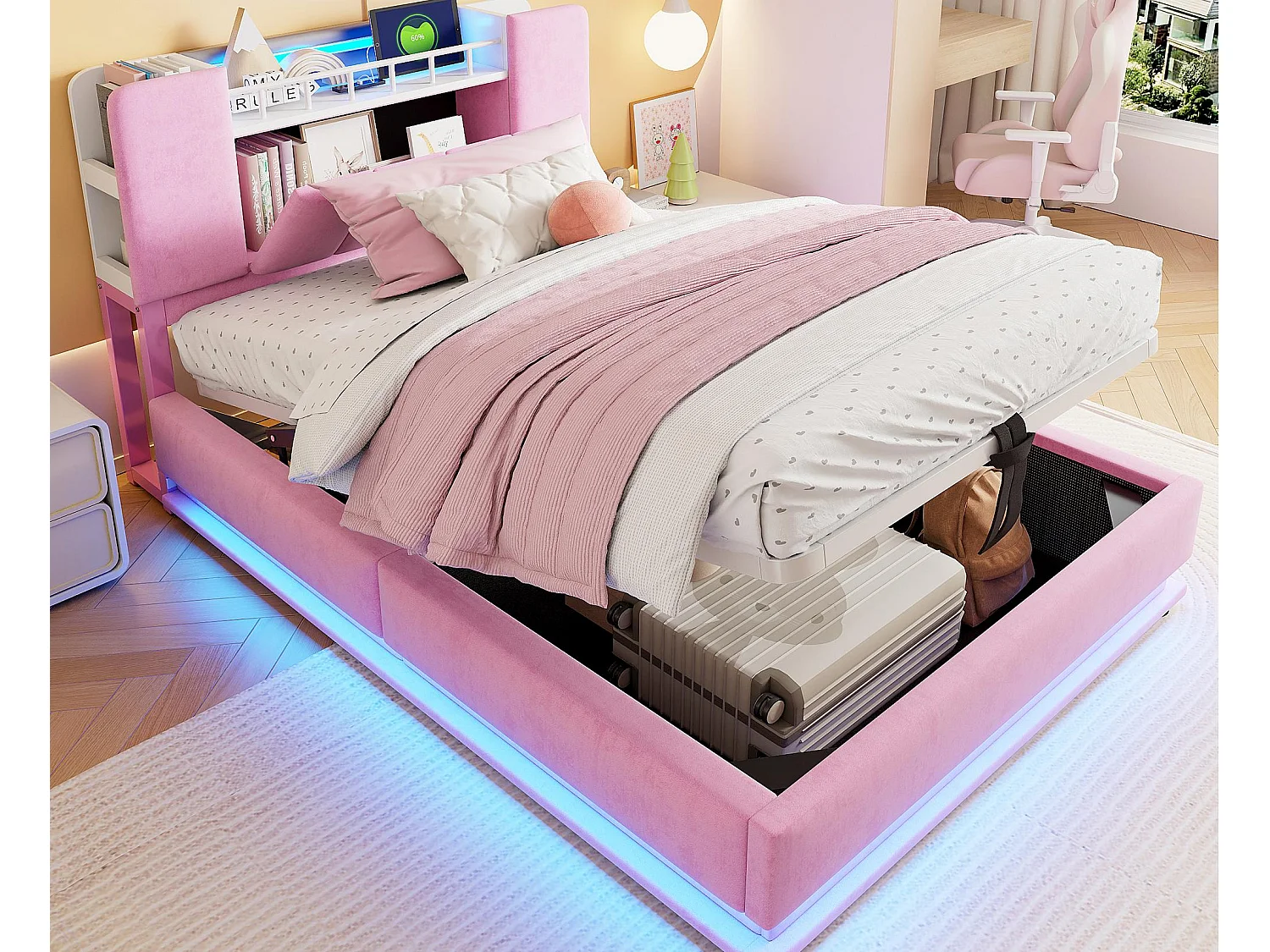Gepolstertes Stauraumbett 90x200 cm - mit LED-Beleuchtung - mit USB-Anschluss - Samt - rosa​ (Matratze nicht inbegriffen)