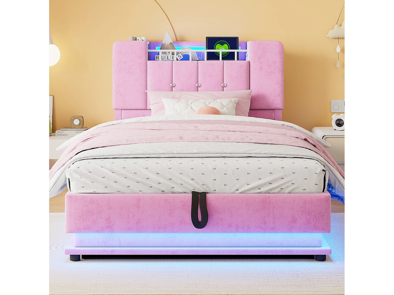Gepolstertes Stauraumbett 90x200 cm - mit LED-Beleuchtung - mit USB-Anschluss - Samt - rosa​ (Matratze nicht inbegriffen)
