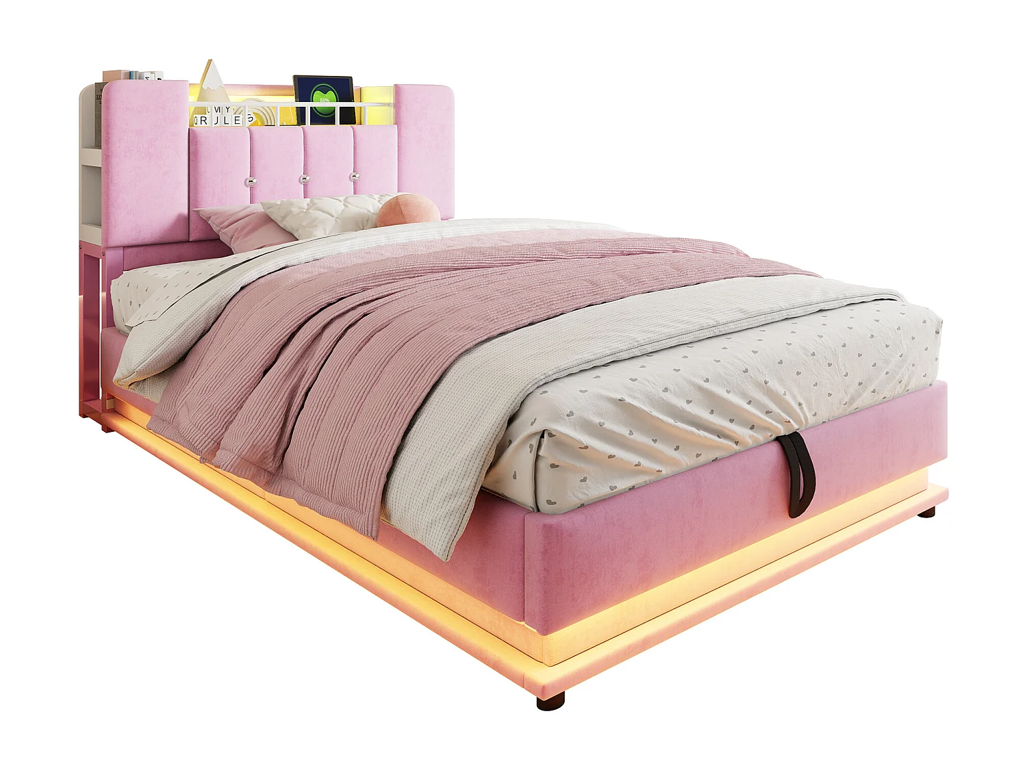 Gepolstertes Stauraumbett 90x200 cm - mit LED-Beleuchtung - mit USB-Anschluss - Samt - rosa​ (Matratze nicht inbegriffen)