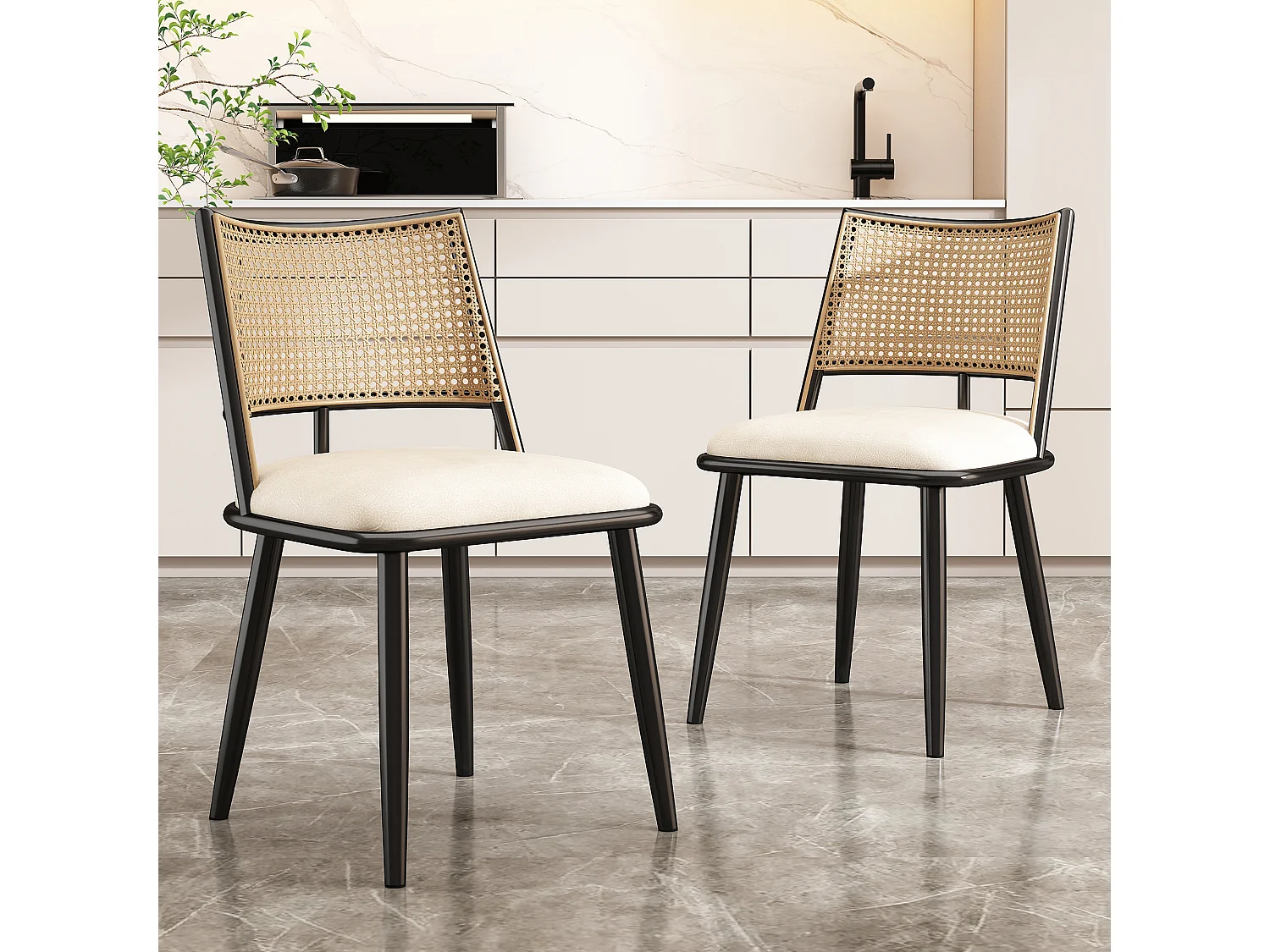 2er-Set Esszimmerstühle – 50 x 48 x 80 cm – Sitzfläche aus Polyurethan – Rückenlehne aus Rattan – Rattan – schwarz