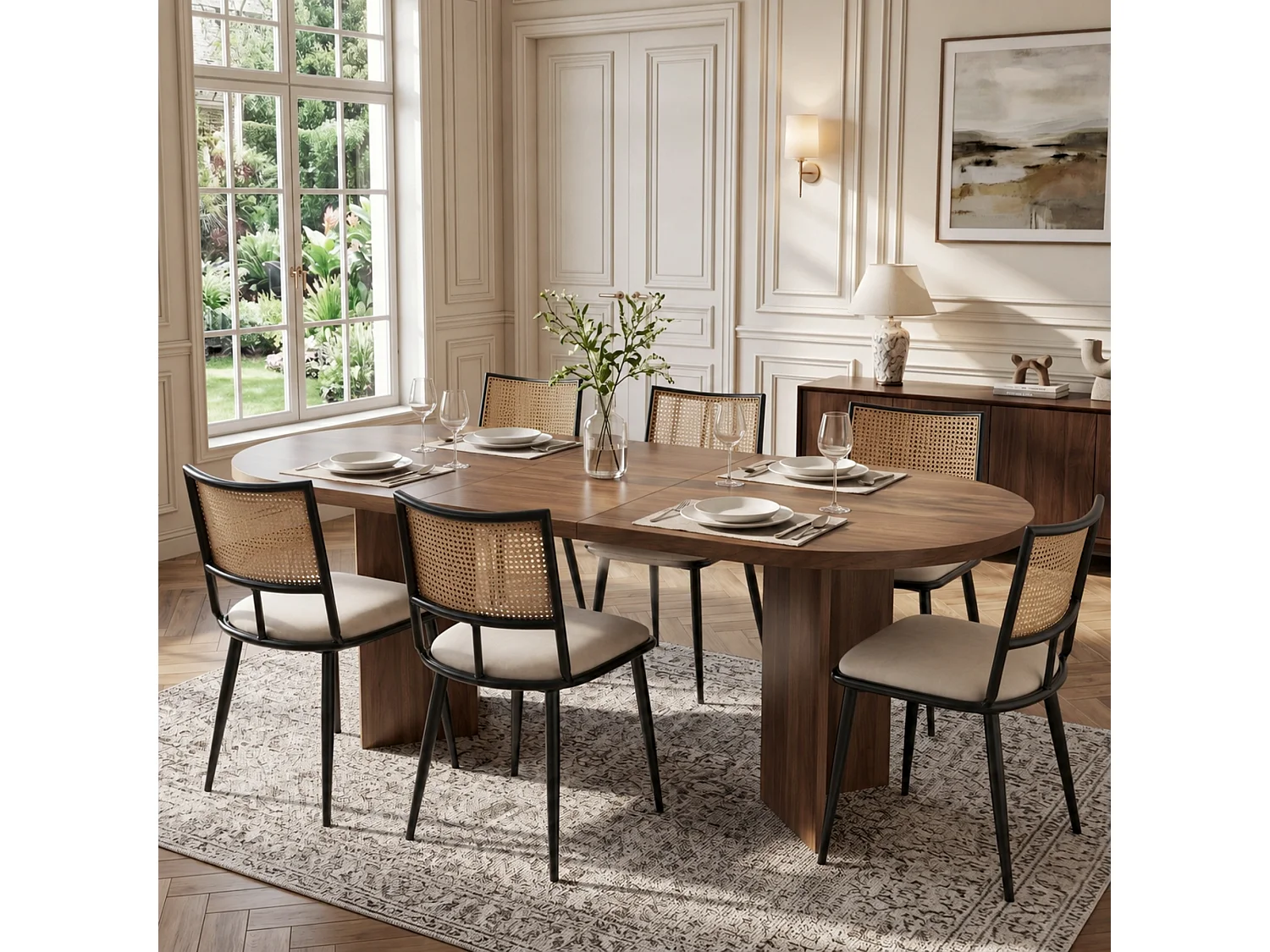 Set van 2 eetkamerstoelen - 50 x 48 x 80 cm - polyurethaan zitting - rotan rugleuning - Rotan - zwart