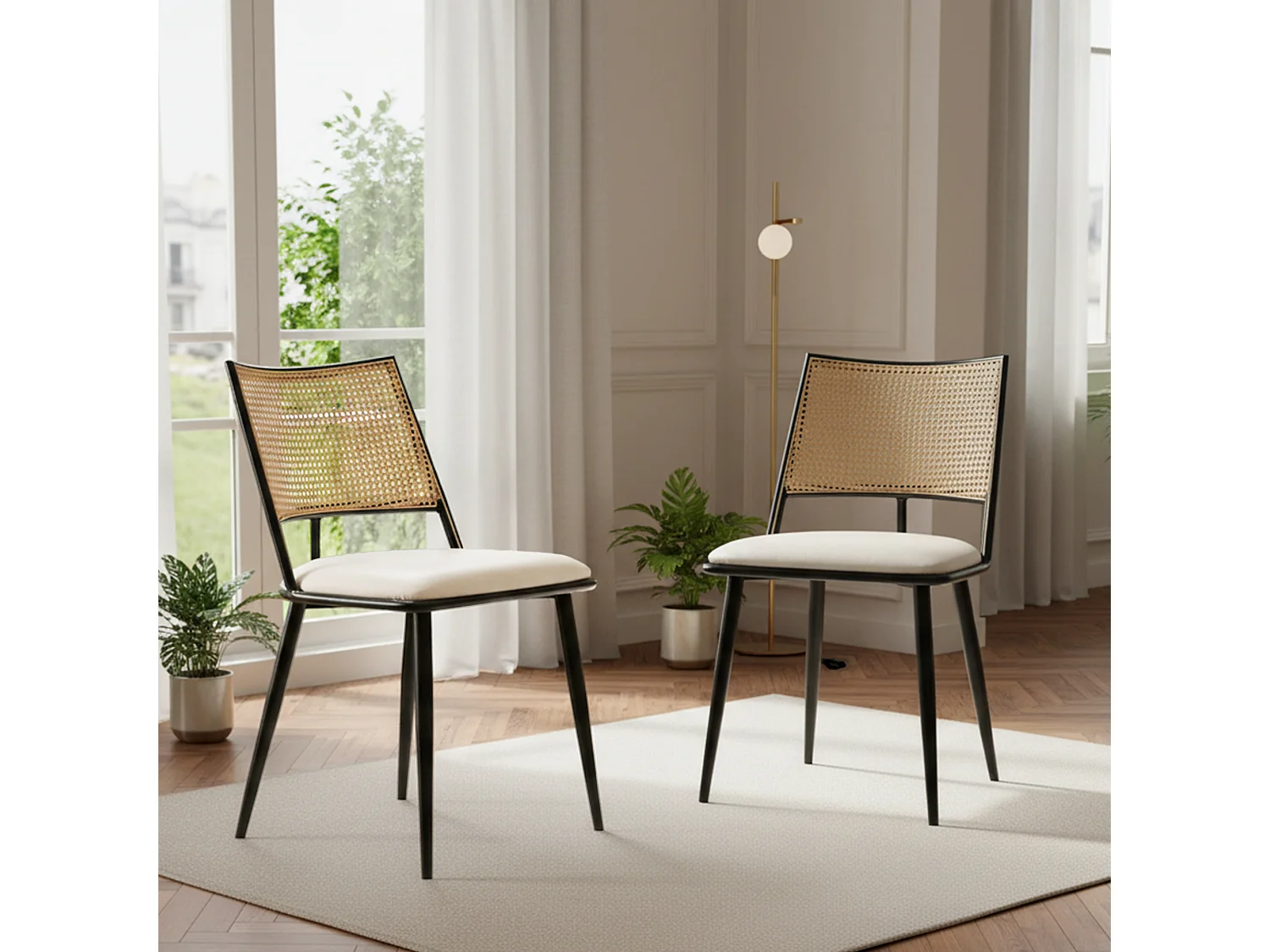 Set van 2 eetkamerstoelen - 50 x 48 x 80 cm - polyurethaan zitting - rotan rugleuning - Rotan - zwart