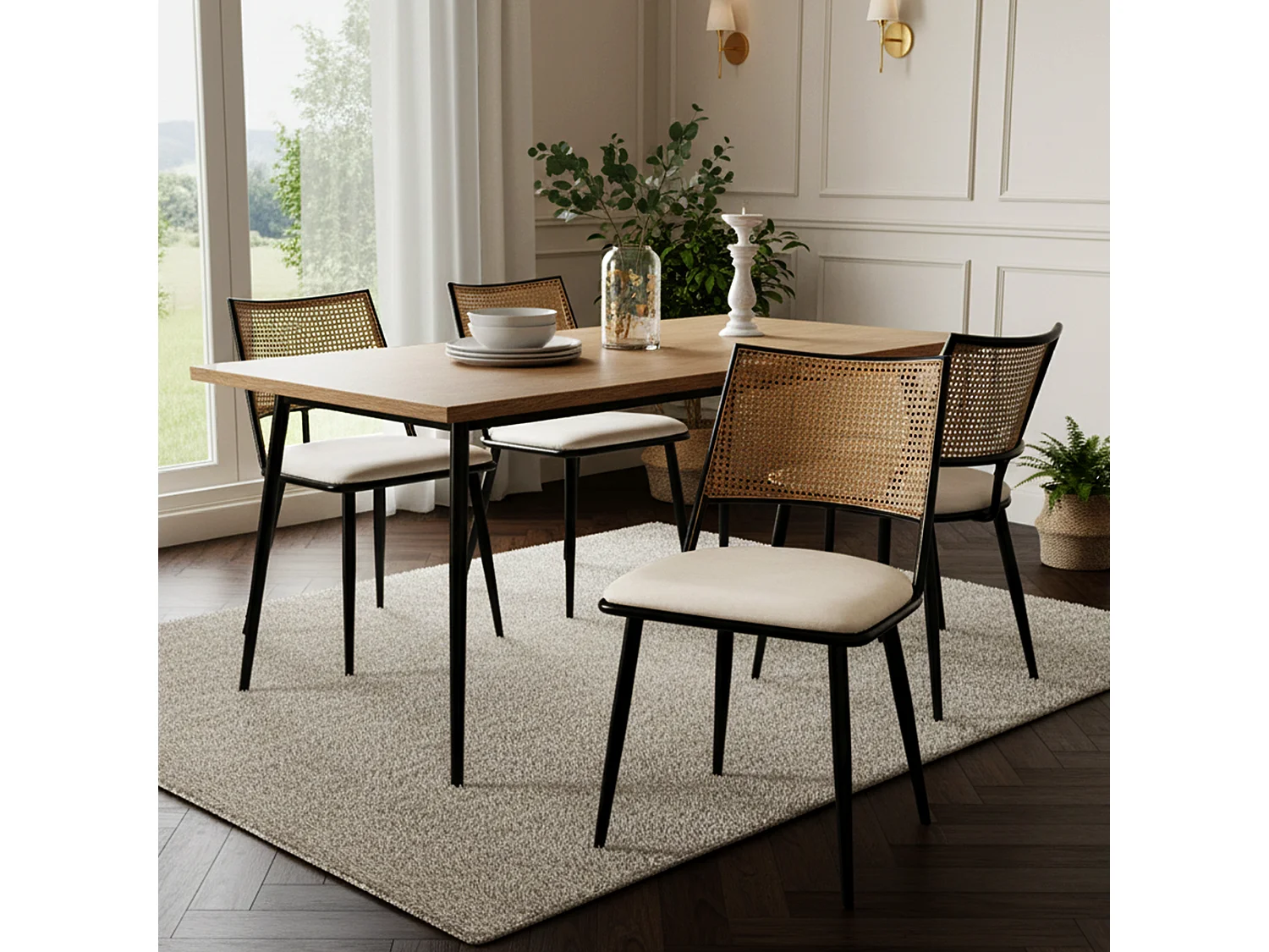 Set van 2 eetkamerstoelen - 50 x 48 x 80 cm - polyurethaan zitting - rotan rugleuning - Rotan - zwart