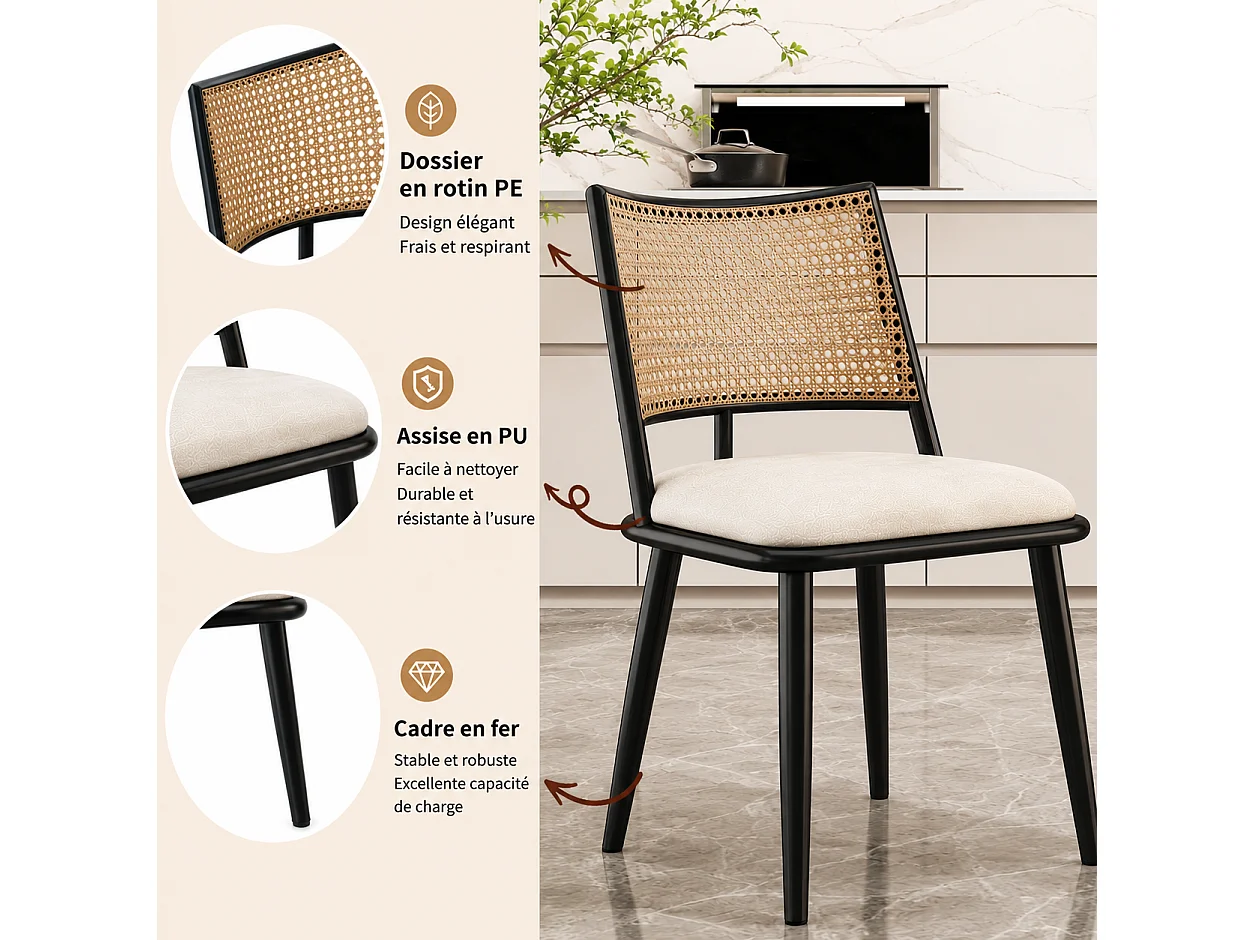 Set van 2 eetkamerstoelen - 50 x 48 x 80 cm - polyurethaan zitting - rotan rugleuning - Rotan - zwart
