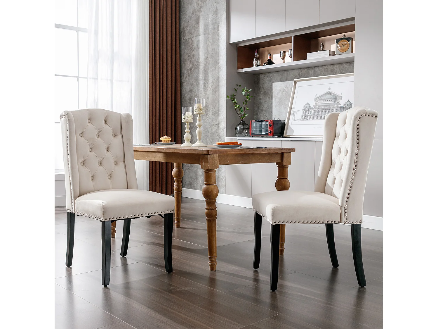 Set di 6 sedie da pranzo in velluto - 49 x 61 x 100 cm - gambe in rovere - per camera da letto e soggiorno - beige