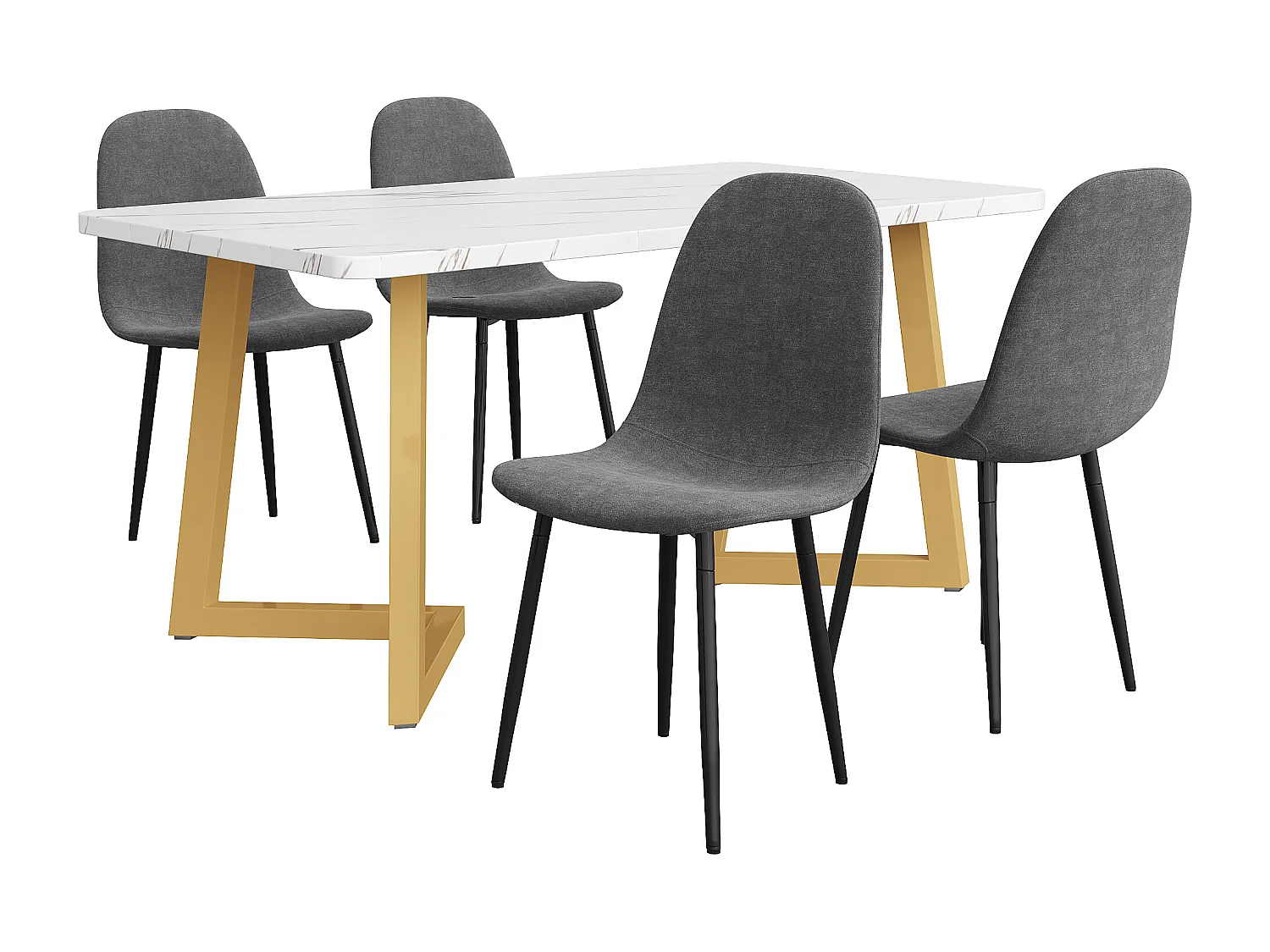 Essgruppe (5-teilig) – 1 Tisch und 4 Stühle – Stühle mit Rückenlehne – goldene Tischbeine – MDF – grau + gold