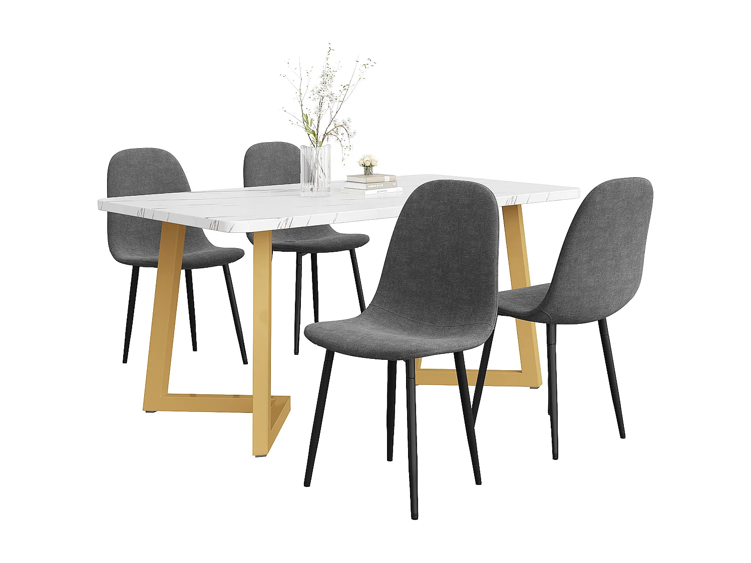 Essgruppe (5-teilig) – 1 Tisch und 4 Stühle – Stühle mit Rückenlehne – goldene Tischbeine – MDF – grau + gold