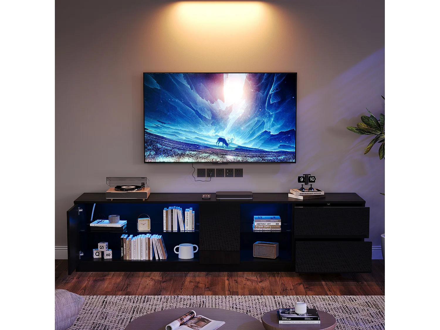 Mueble para TV 160x40x52 cm - con iluminación LED - 2 cajones y 1 puerta - Acabado brillante - MDF - Negro