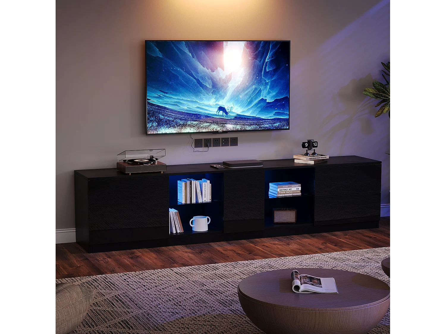 Mueble para TV 160x40x52 cm - con iluminación LED - 2 cajones y 1 puerta - Acabado brillante - MDF - Negro