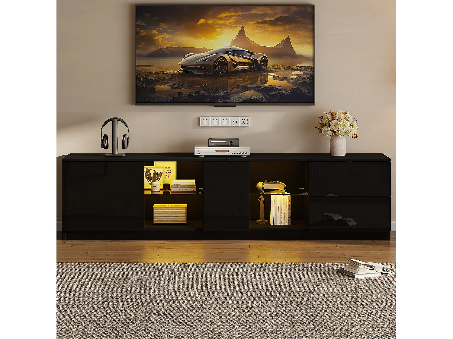 Mueble para TV 160x40x52 cm - con iluminación LED - 2 cajones y 1 puerta - Acabado brillante - MDF - Negro