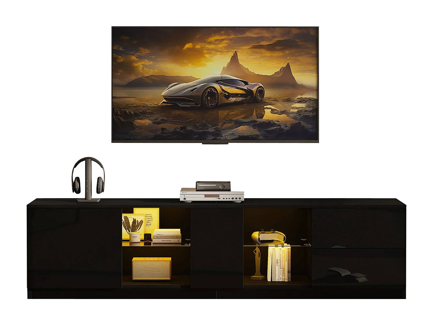 Mueble para TV 160x40x52 cm - con iluminación LED - 2 cajones y 1 puerta - Acabado brillante - MDF - Negro