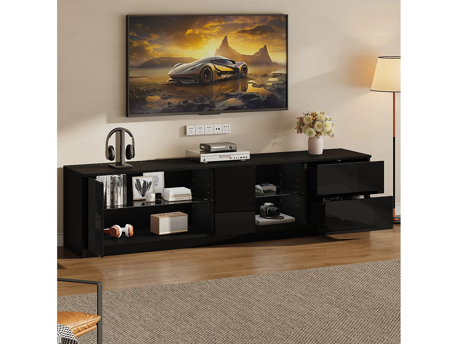 Mobile per TV 160x40x52 cm - con illuminazione LED - 2 cassetti e 1 anta - Finitura lucida - MDF - Nero