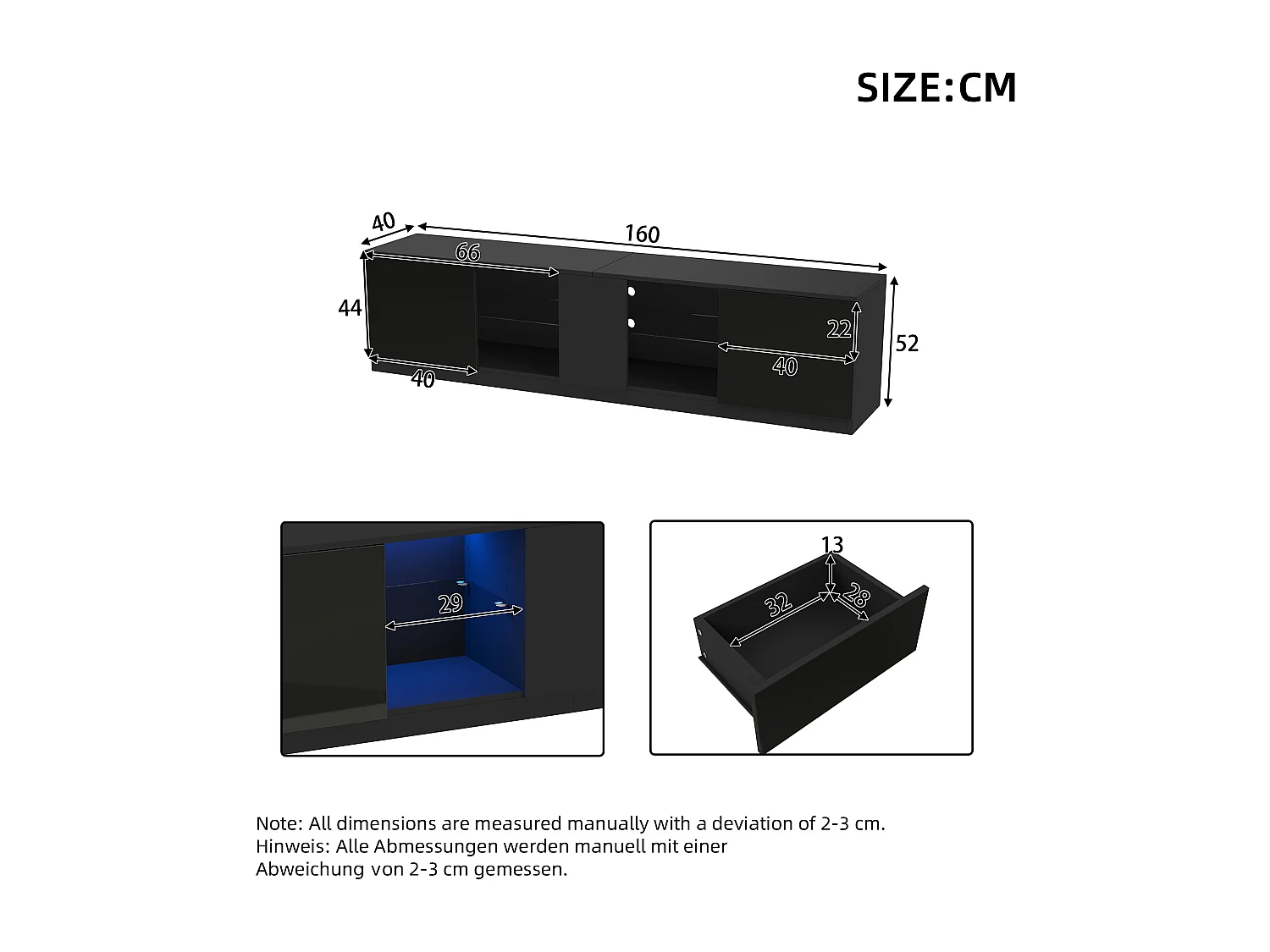 Mobile per TV 160x40x52 cm - con illuminazione LED - 2 cassetti e 1 anta - Finitura lucida - MDF - Nero