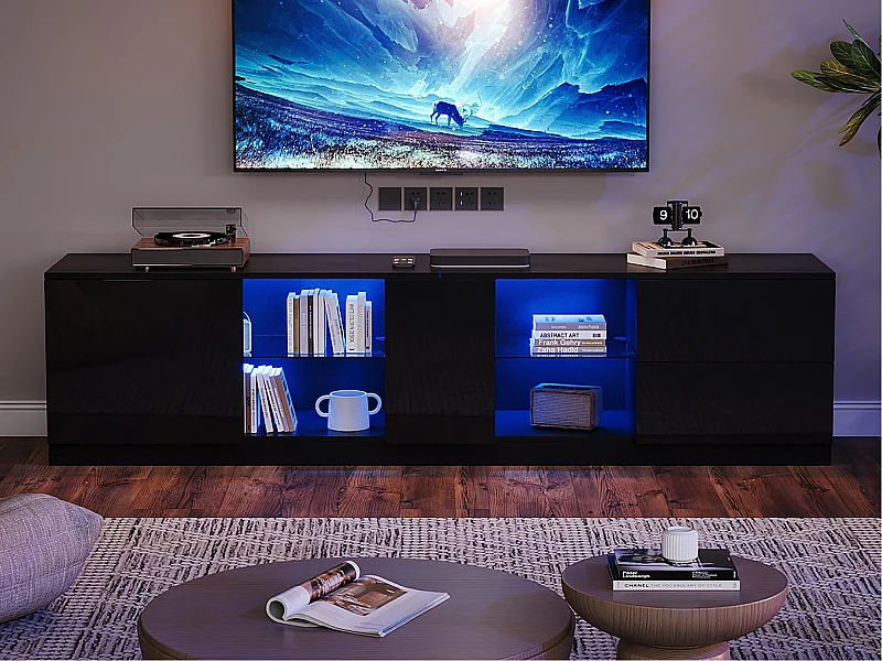 Meuble TV 160x40x52 cm - avec éclairage LED - 2 tiroirs et 1 porte - Finition brillante - MDF - Noir