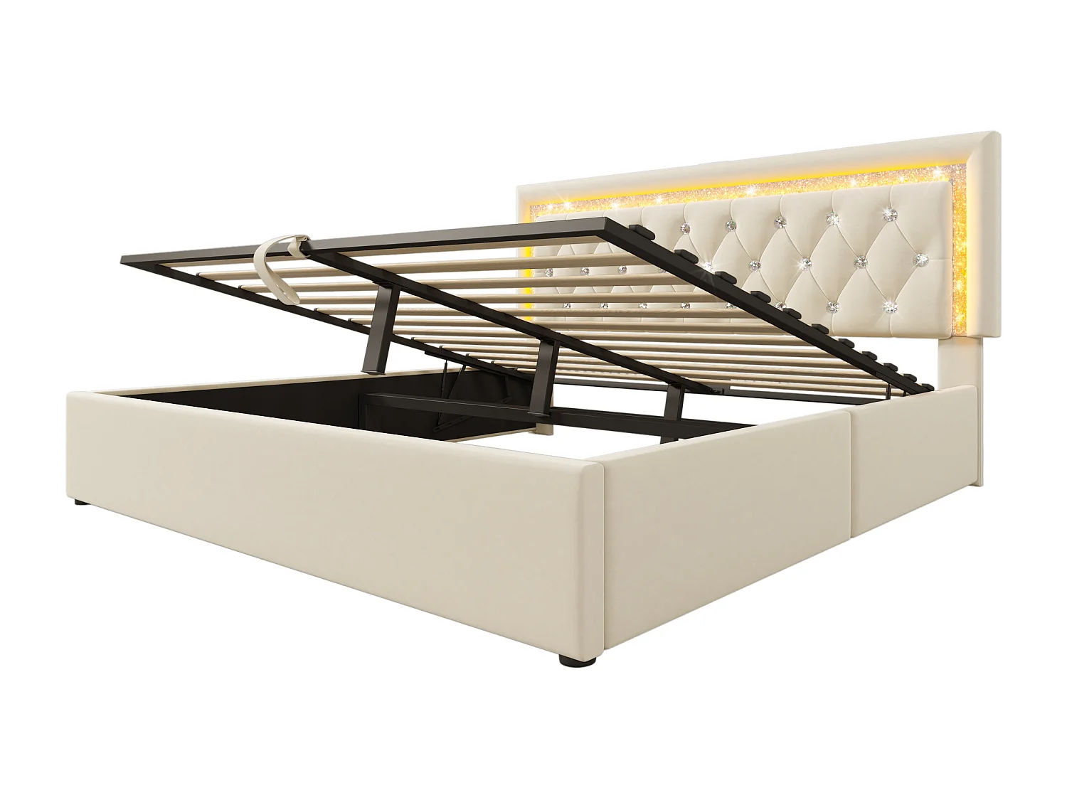 Lit coffre rembourré 160x200cm en velours - avec éclairage LED - avec ports USB et Type-C - avec sommier à lattes - Beige (sans matelas)
