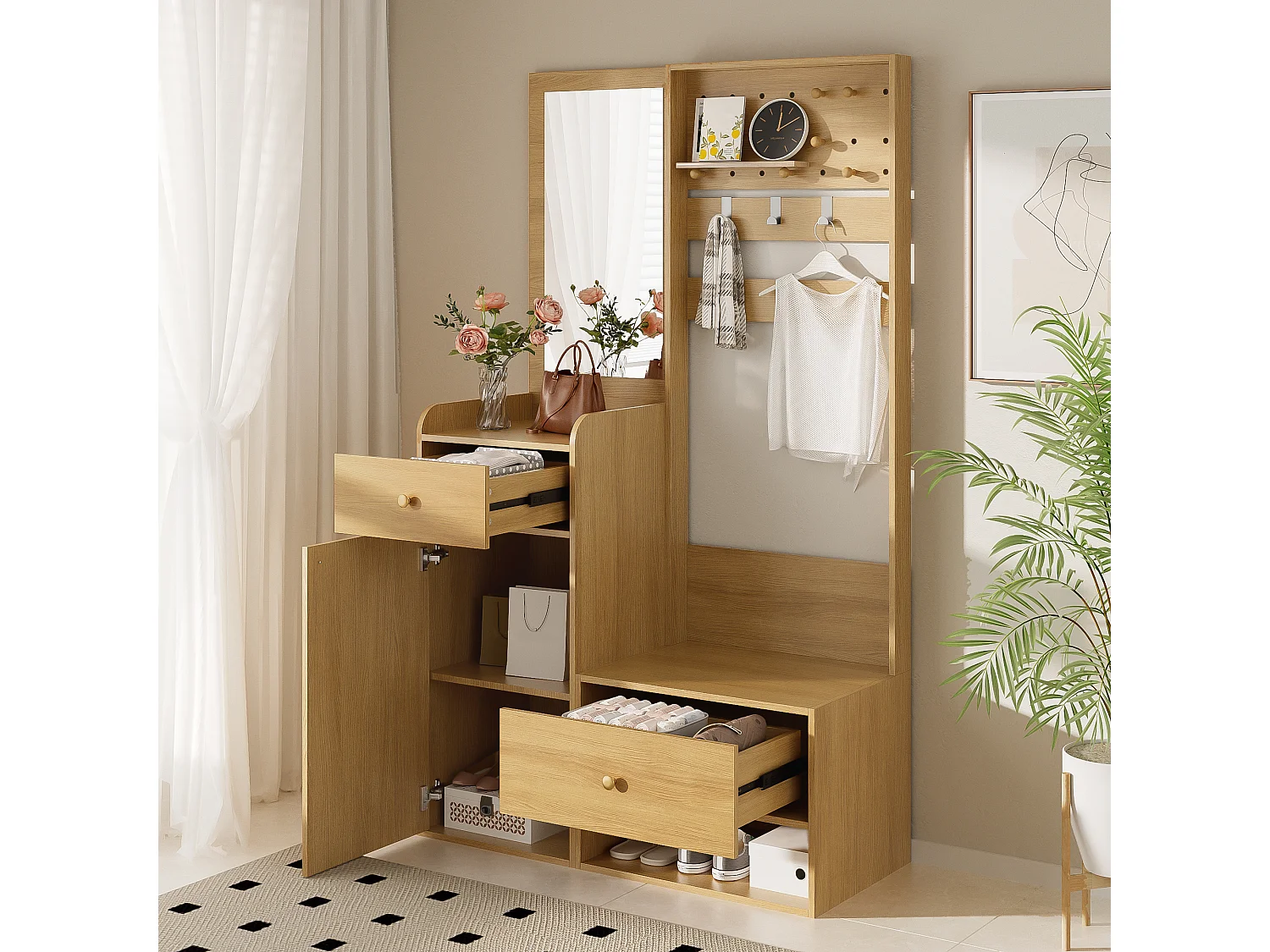 Moderner Kleiderschrank – 105 x 38 x 180 cm – mit Spiegel, verstellbaren Haken, einer Tür, zwei Schubladen und Sitzbank – Spanplatte – natur