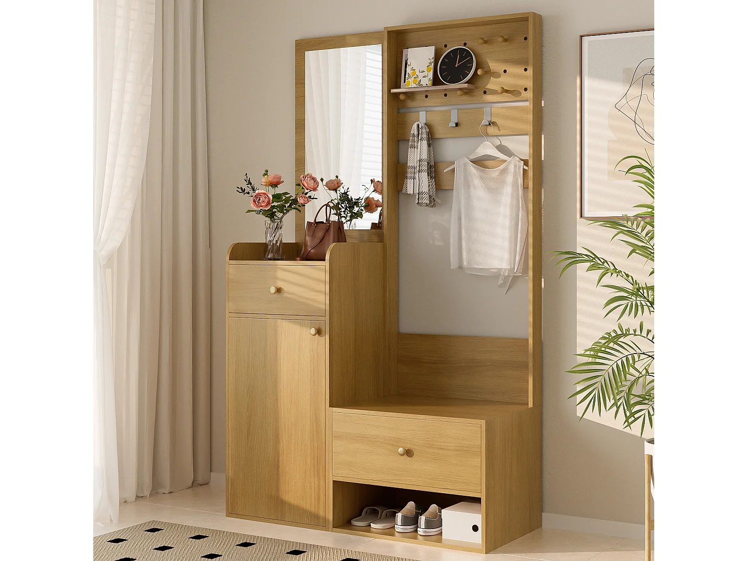 Armadio moderno - 105 x 38 x 180 cm - con specchio + ganci regolabili + 1 anta + 2 cassetti + panca - truciolare - naturale