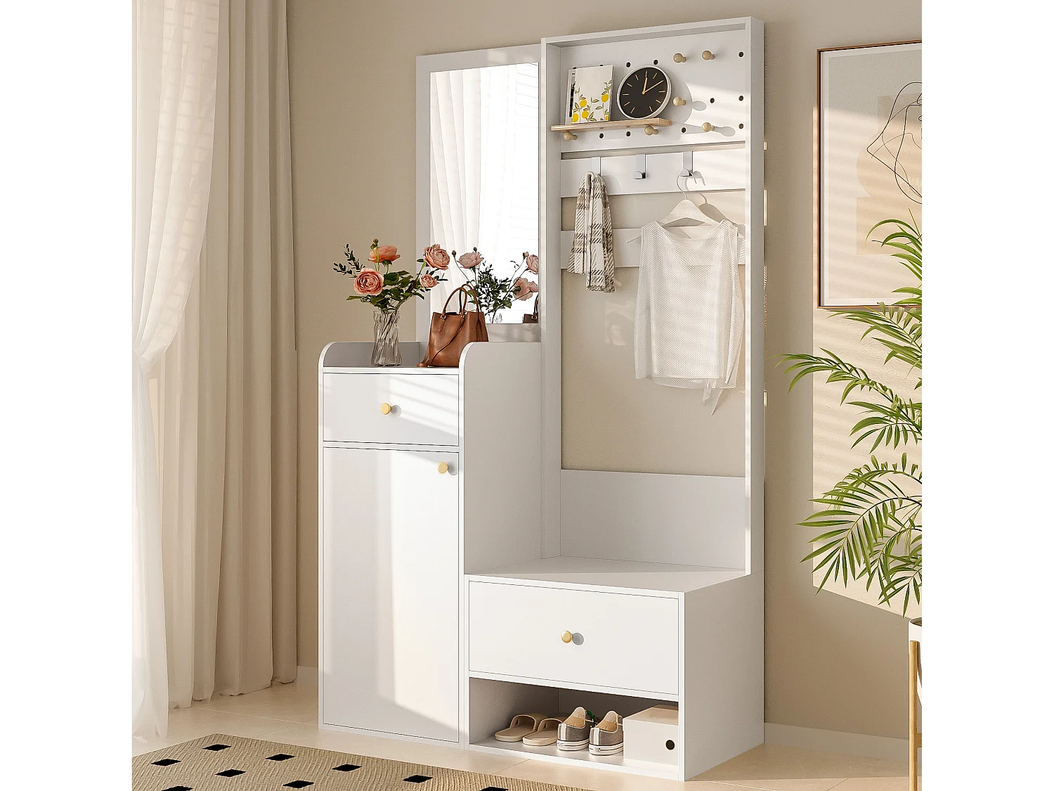 Moderner Kleiderschrank – 105 x 38 x 180 cm – mit Spiegel, verstellbaren Haken, einer Tür, zwei Schubladen und Sitzbank – Spanplatte – weiß