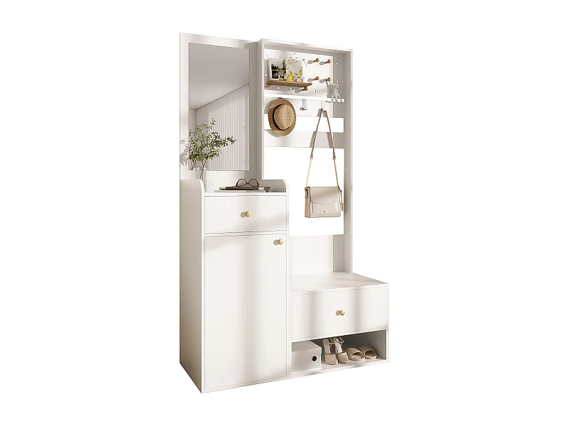 Moderner Kleiderschrank – 105 x 38 x 180 cm – mit Spiegel, verstellbaren Haken, einer Tür, zwei Schubladen und Sitzbank – Spanplatte – weiß