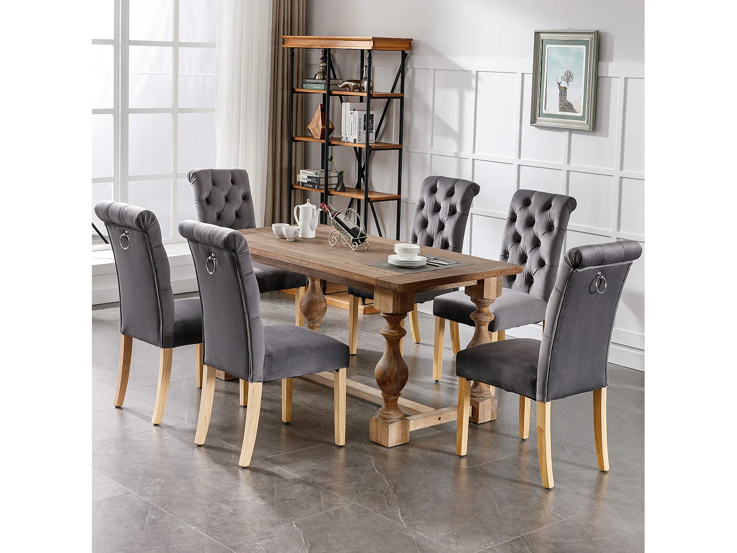 6er-Set Samt-Esszimmerstühle – 45 x 65 x 101 cm – Eichenbeine – Lounge-Sessel – grau