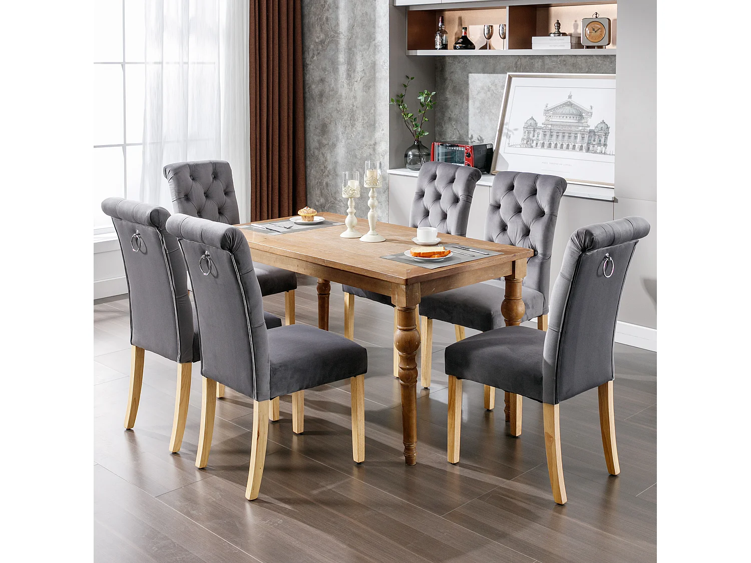 6er-Set Samt-Esszimmerstühle – 45 x 65 x 101 cm – Eichenbeine – Lounge-Sessel – grau