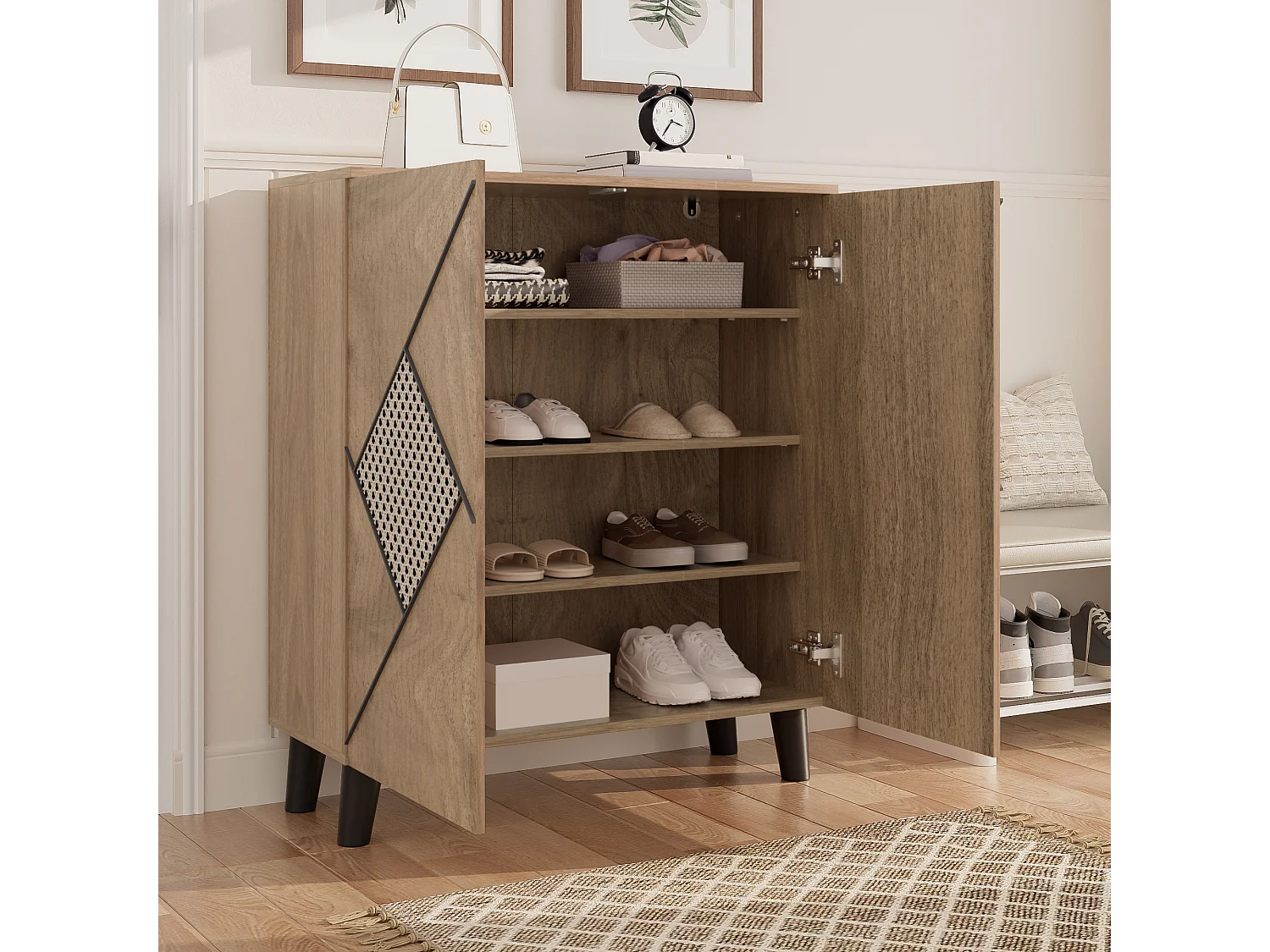 Meuble à chaussures moderne 80x32x91 cm - 2 portes - Plusieurs étagères - Motif rotin - Panneaux de particules - Naturel