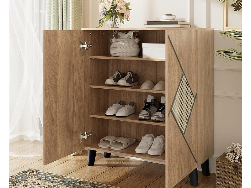 Meuble à chaussures moderne 80x32x91 cm - 2 portes - Plusieurs étagères - Motif rotin - Panneaux de particules - Naturel