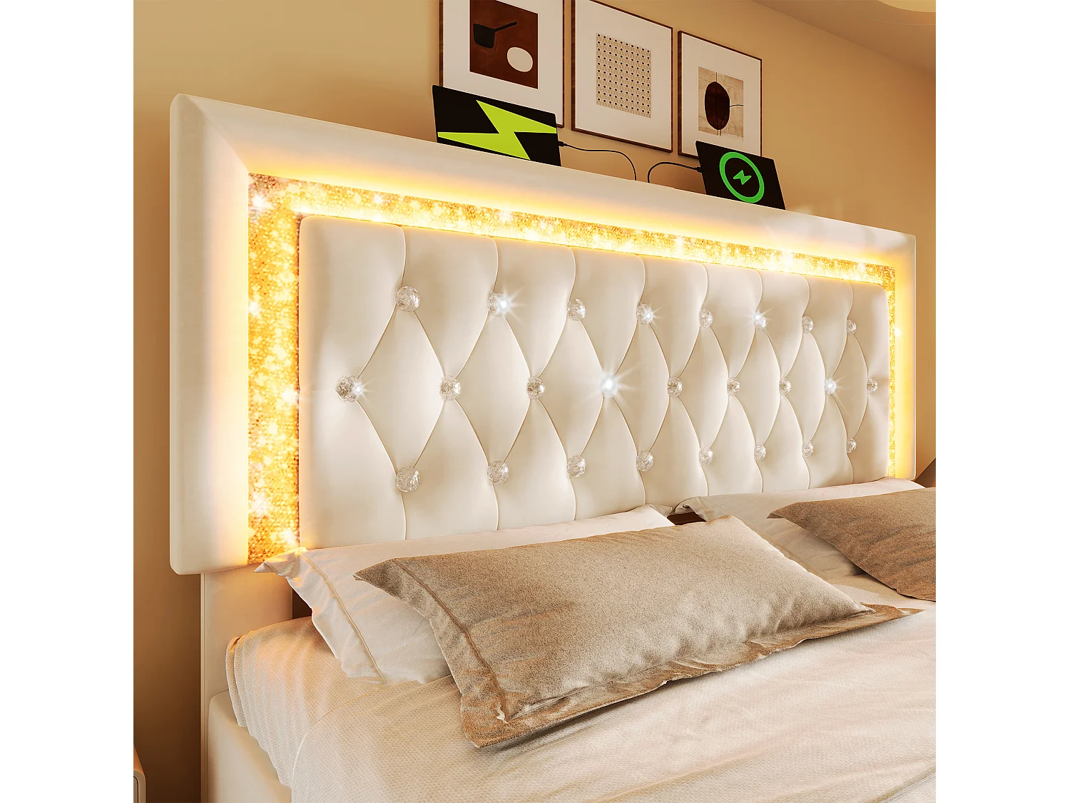 Lit coffre rembourré 140x200cm en velours - avec éclairage LED - avec ports USB et Type-C - avec sommier à lattes - Beige (sans matelas)