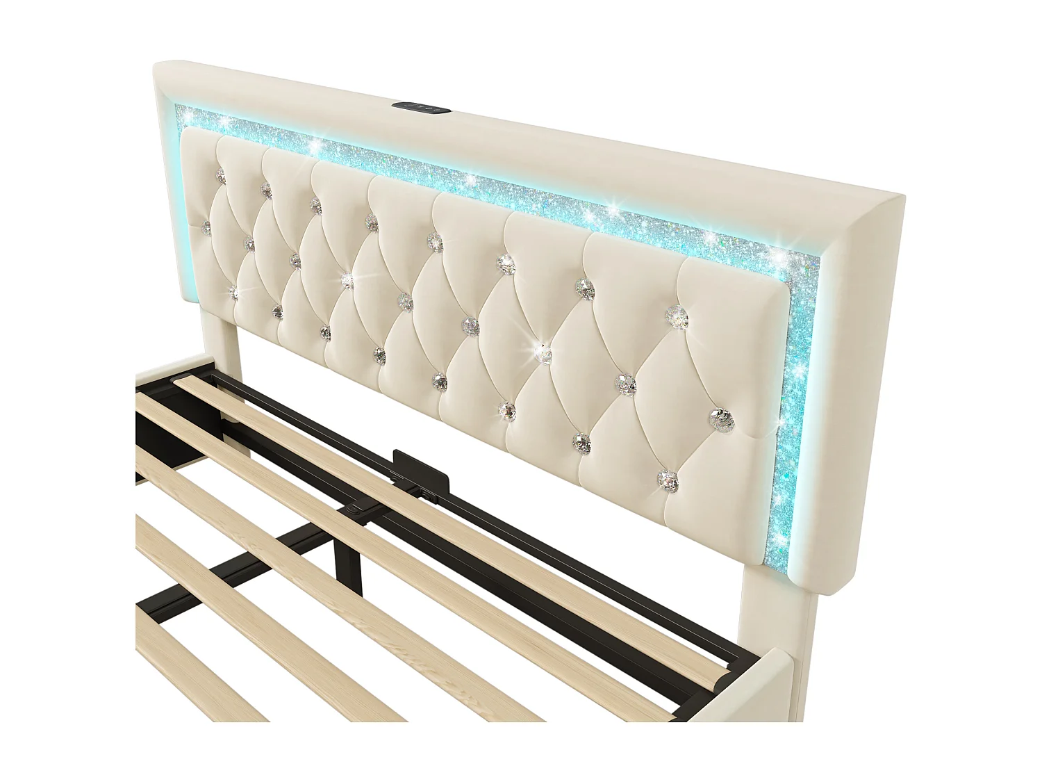 Gepolstertes Stauraumbett 140x200cm aus Samt - mit LED-Beleuchtung - mit USB- und Typ-C-Anschlüssen - mit Lattenrost - Beige (ohne Matratze)