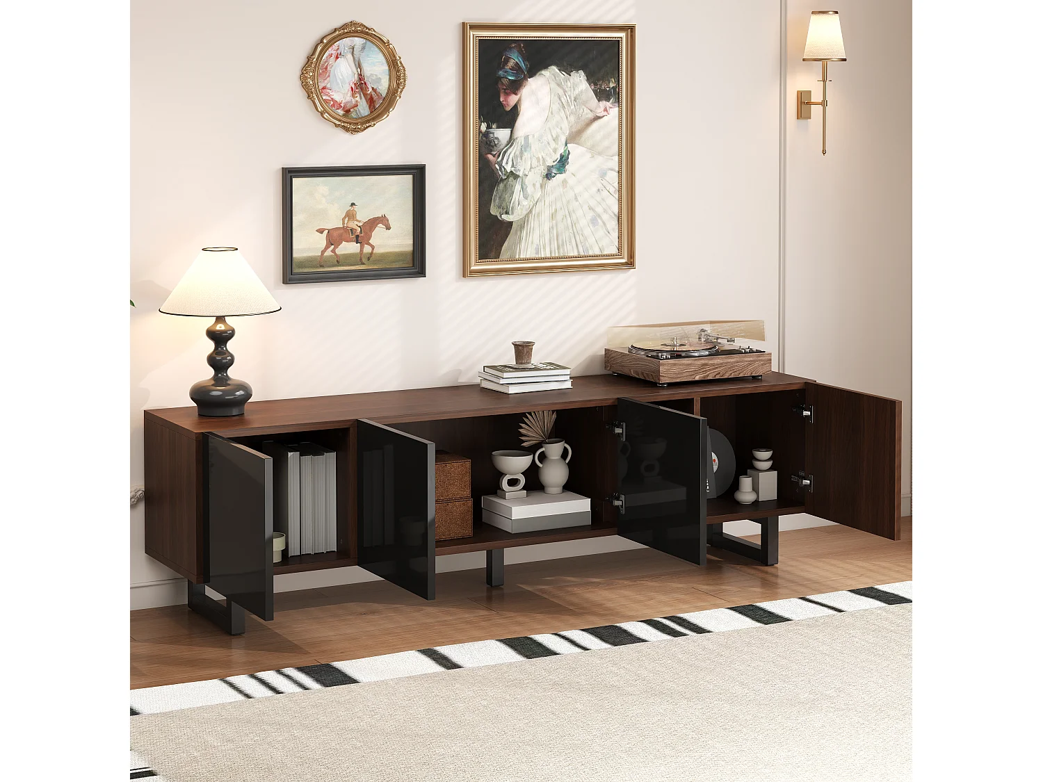 TV-Schrank 180x38x50 cm - mit 4 Türen - Holzoptik - Hochglanztüren - MDF + Spanplatten - Natur + schwarz