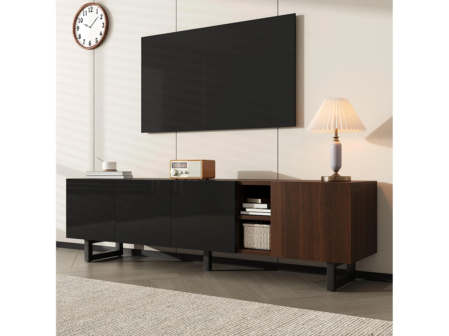 Mobile per TV 180x38x50 cm - con 4 ante - aspetto legno - Ante ad alto lucido - MDF + pannelli di particelle - Naturale + nero