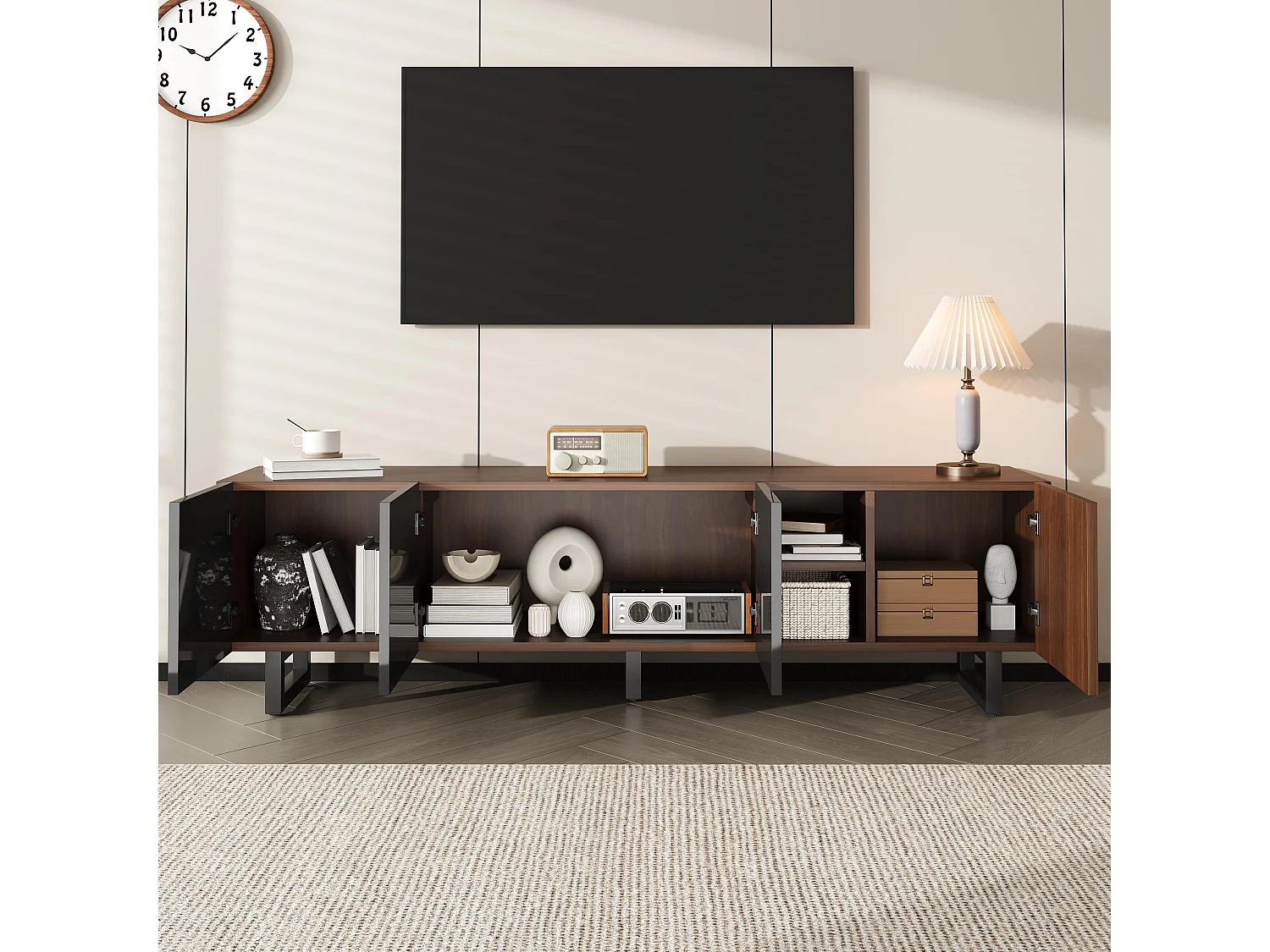 Mobile per TV 180x38x50 cm - con 4 ante - aspetto legno - Ante ad alto lucido - MDF + pannelli di particelle - Naturale + nero