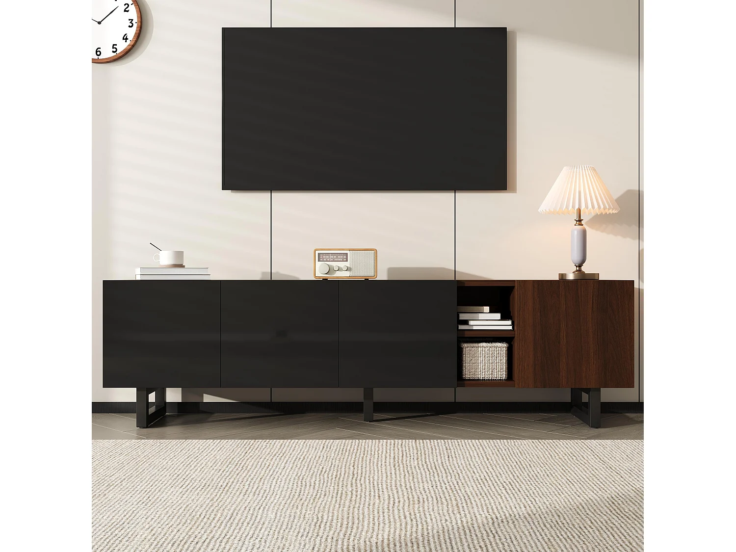 Mobile per TV 180x38x50 cm - con 4 ante - aspetto legno - Ante ad alto lucido - MDF + pannelli di particelle - Naturale + nero