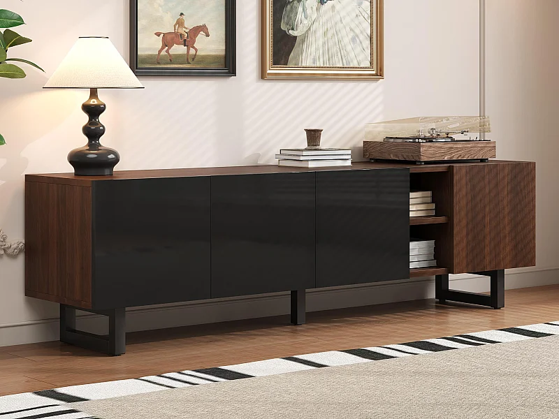 Meuble TV 180x38x50 cm - avec 4 portes - aspect bois - Portes à haute brillance - MDF + panneaux de particules - Naturel + noir