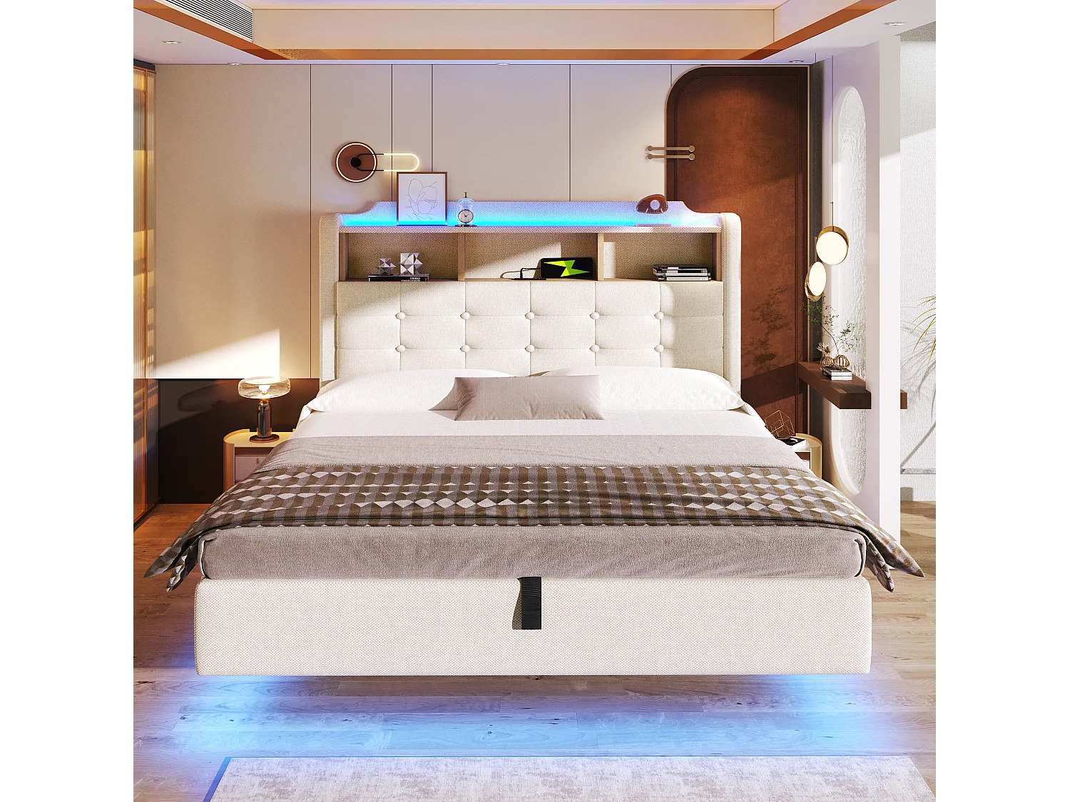 Łóżko tapicerowane ze schowkiem 140x200 cm - z oświetleniem LED - wyposażone w interfejs USB + Type-C - tkanina lniana - beżowy​ (materac nie jest wliczony w cenę)