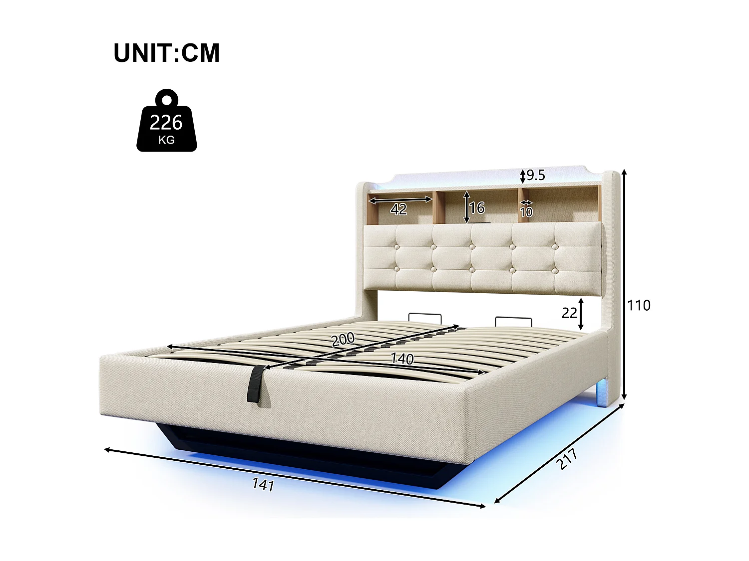 Łóżko tapicerowane ze schowkiem 140x200 cm - z oświetleniem LED - wyposażone w interfejs USB + Type-C - tkanina lniana - beżowy​ (materac nie jest wliczony w cenę)